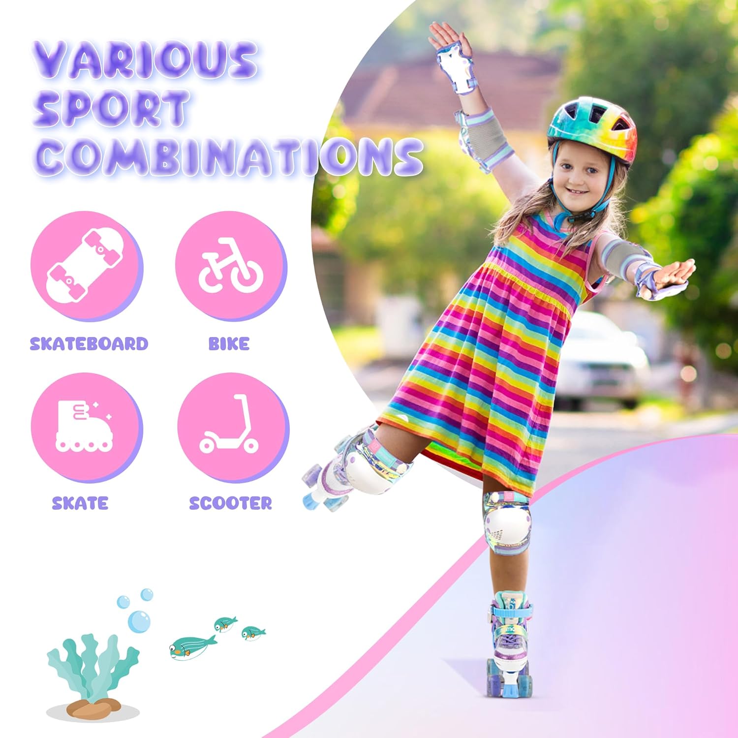 NEMONE Mermaid Knee Pads for Kids, Girls Boys Knee Elbow Pads Wrist Guards with Drawstring Bag, Adjustable Reflective Protective Gear Set for Roller Skates Bike Cycling Skateboard Scooter