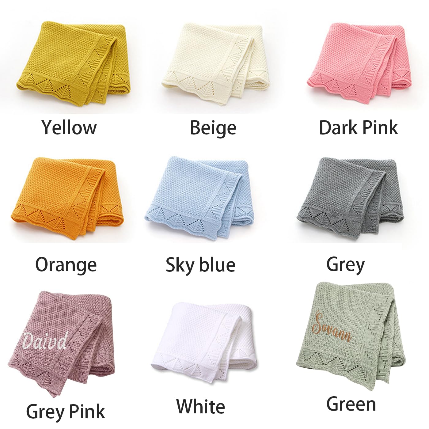 REEG Copertina per Neonato Lavorata A Maglia Personalizzata，Coperta con Nome Ricamato，Coperta per Passeggino in Maglia di Cotone (Grey Pink,Embroidered Name)