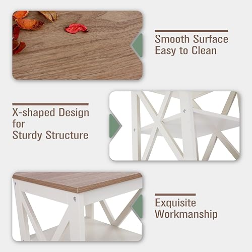 Miniatura 6 de MFSTUDIO Juego de 2 mesas auxiliares de madera para sofá de 3 niveles con estantes de almacenamiento, estructura de diseño X, mesita de noche para