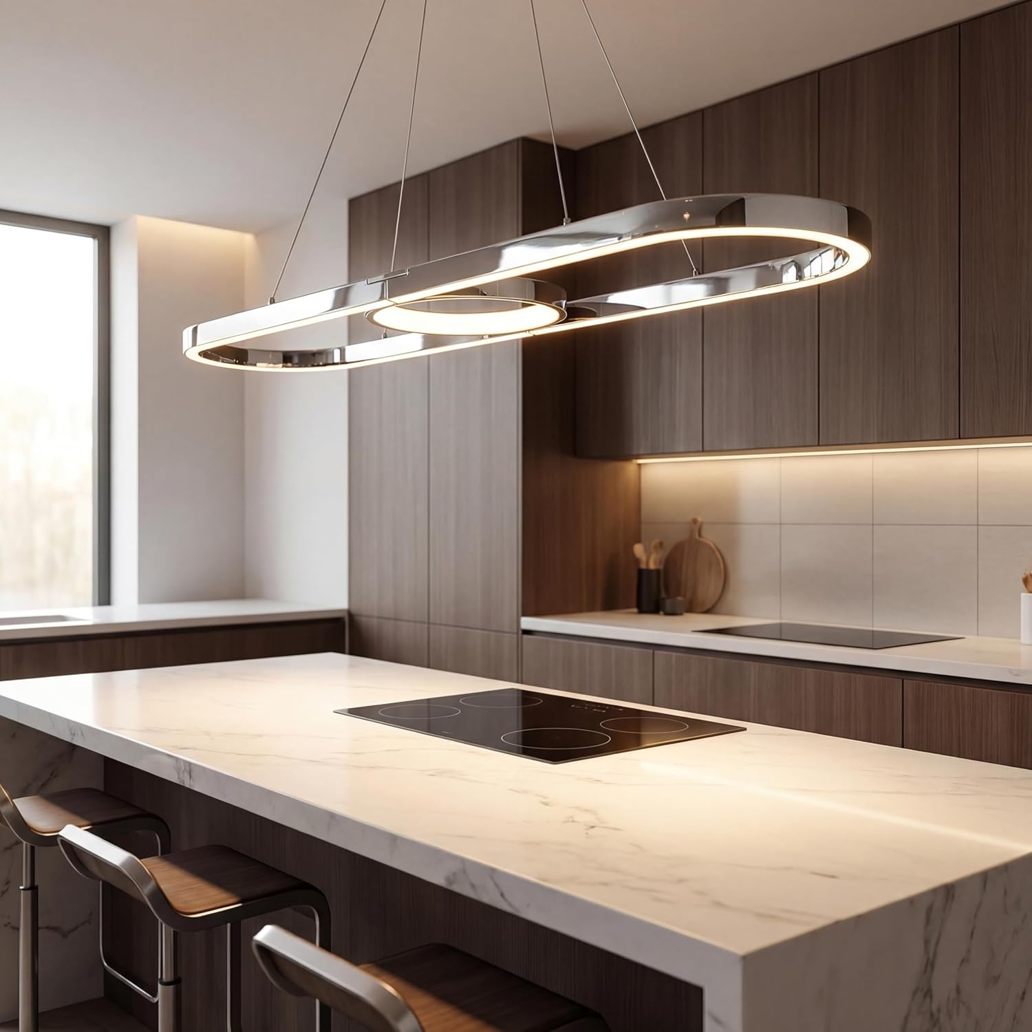 Modern LED Pendant Lights, Dimmable Linear Ring LED Chandelier Lighting, Chrome & Gold Dining Room Hanging Light Fixtures Kitchen Island Pendant Light for Dining Table (Chrome 59''(150CM))