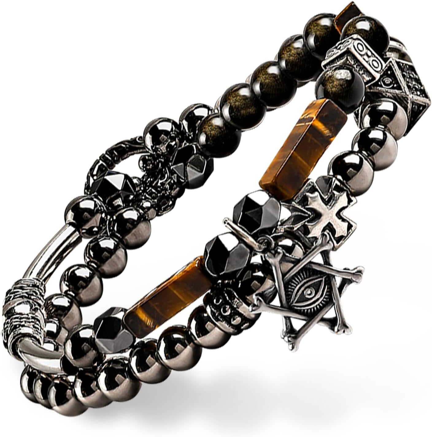 GUXI-Mundane World Tiger Eye Bracelet Men Genuine Premium Obsidian Mens Bracelet Pure Handmade Natural Protection Bracelet Evil Eye Cross Bracelet Mens Gifts