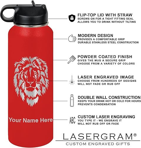 Vista 12 de LaserGram Botella de agua personalizada, palitos de lacrosse, acero inoxidable de doble pared aislada al vacío con popote superior, regalo grabado