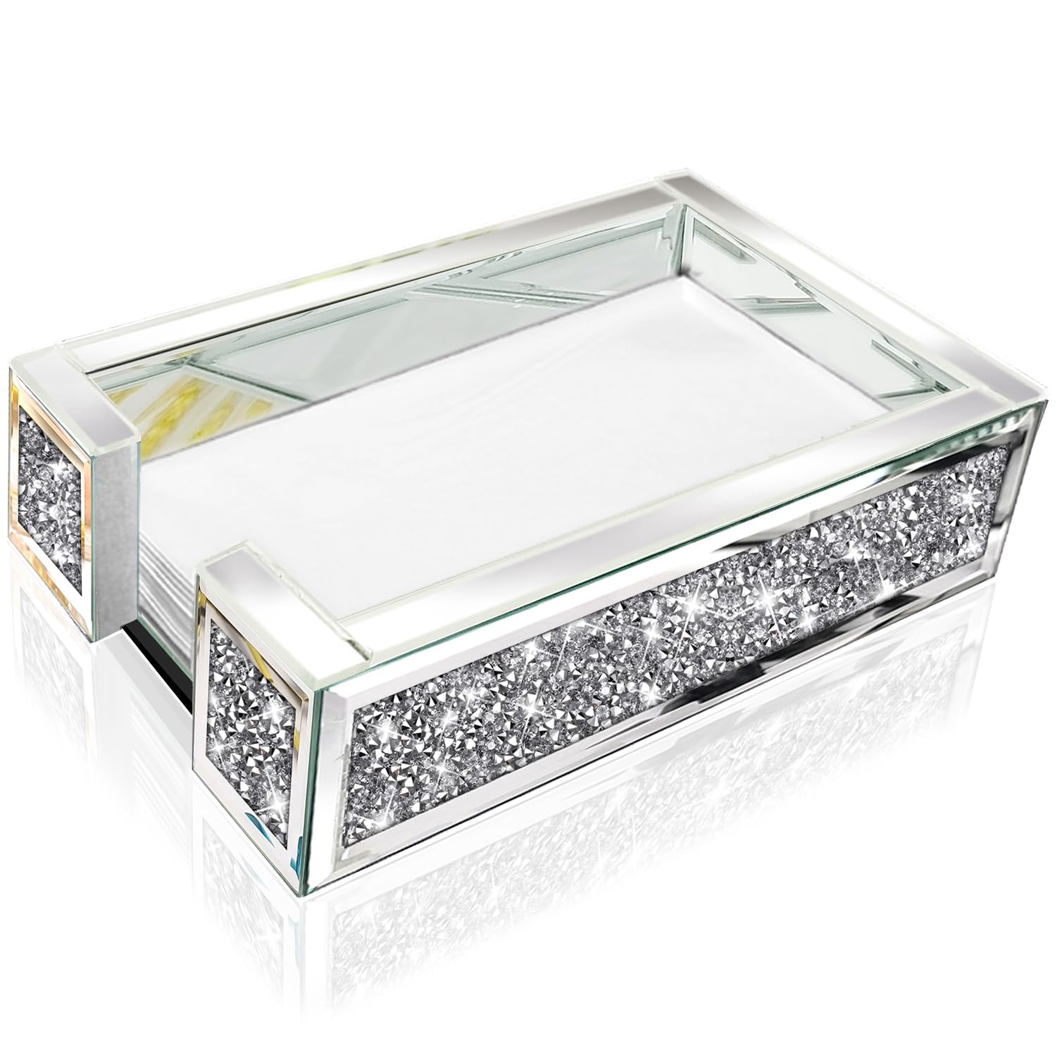 Wocred Mirror Guest Towel Napkin Holder,Crystal Crushed Diamond Dinner Napkin Holder for Dining Table,Rectangle Guest Disposable Towels Tray for Bathroom .(9.4”X5.7”X2.6”)