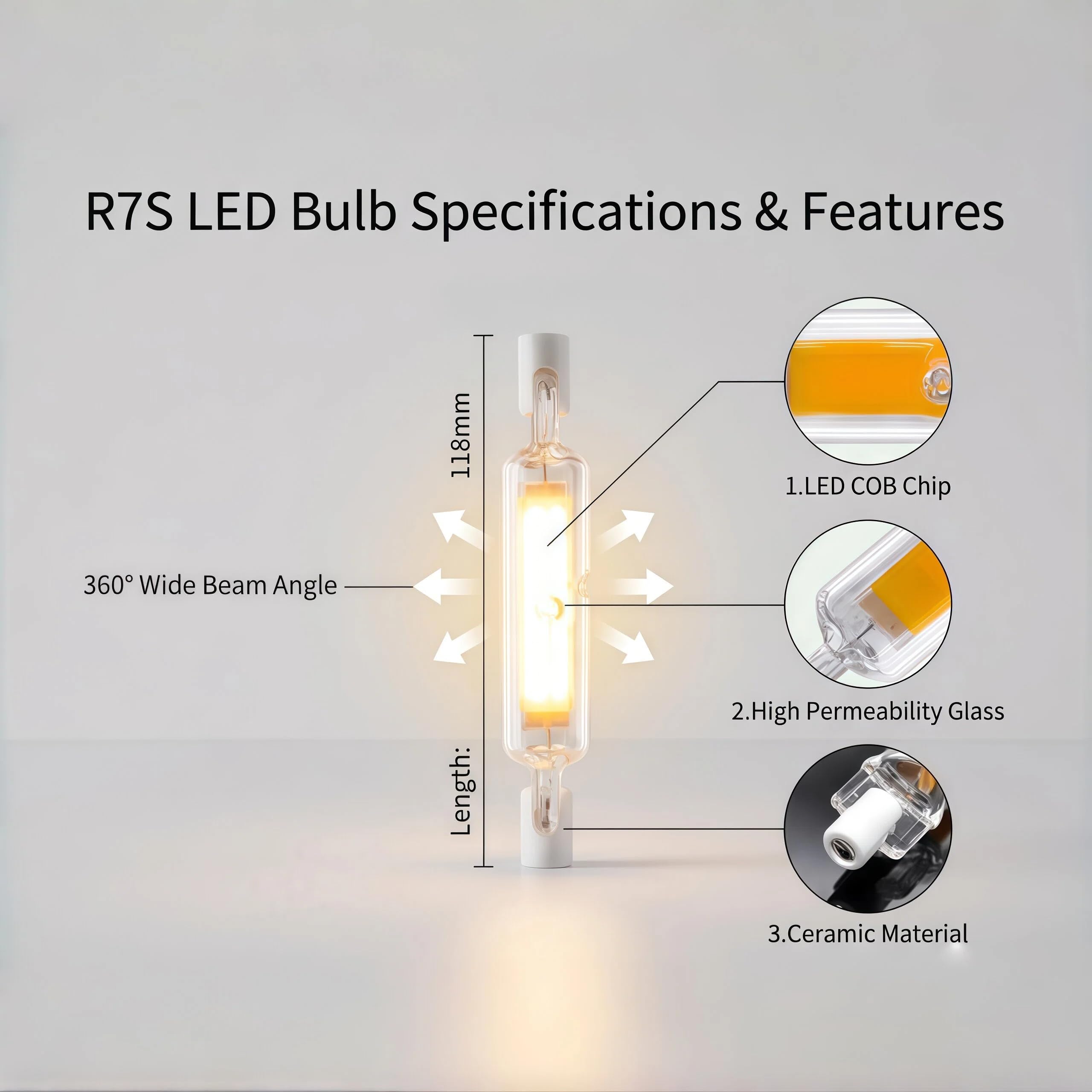 R7S COB LED Verre Ampoule 220V Dimmable J-Type 8PCS 118MM 20W Blanc Chaud