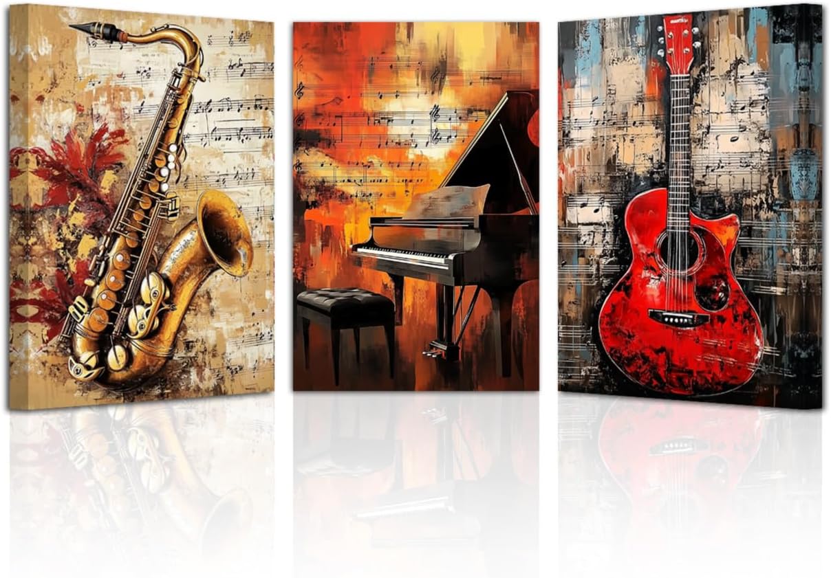 LZIMU Vintage Music Wall Art Music Studio Wall Decor Framed 3 Pieces Guitar Piano Saxophone Pictures Jazz Canvas Prints Musical Instruments Painting (11x14inchx3 Pieces)
