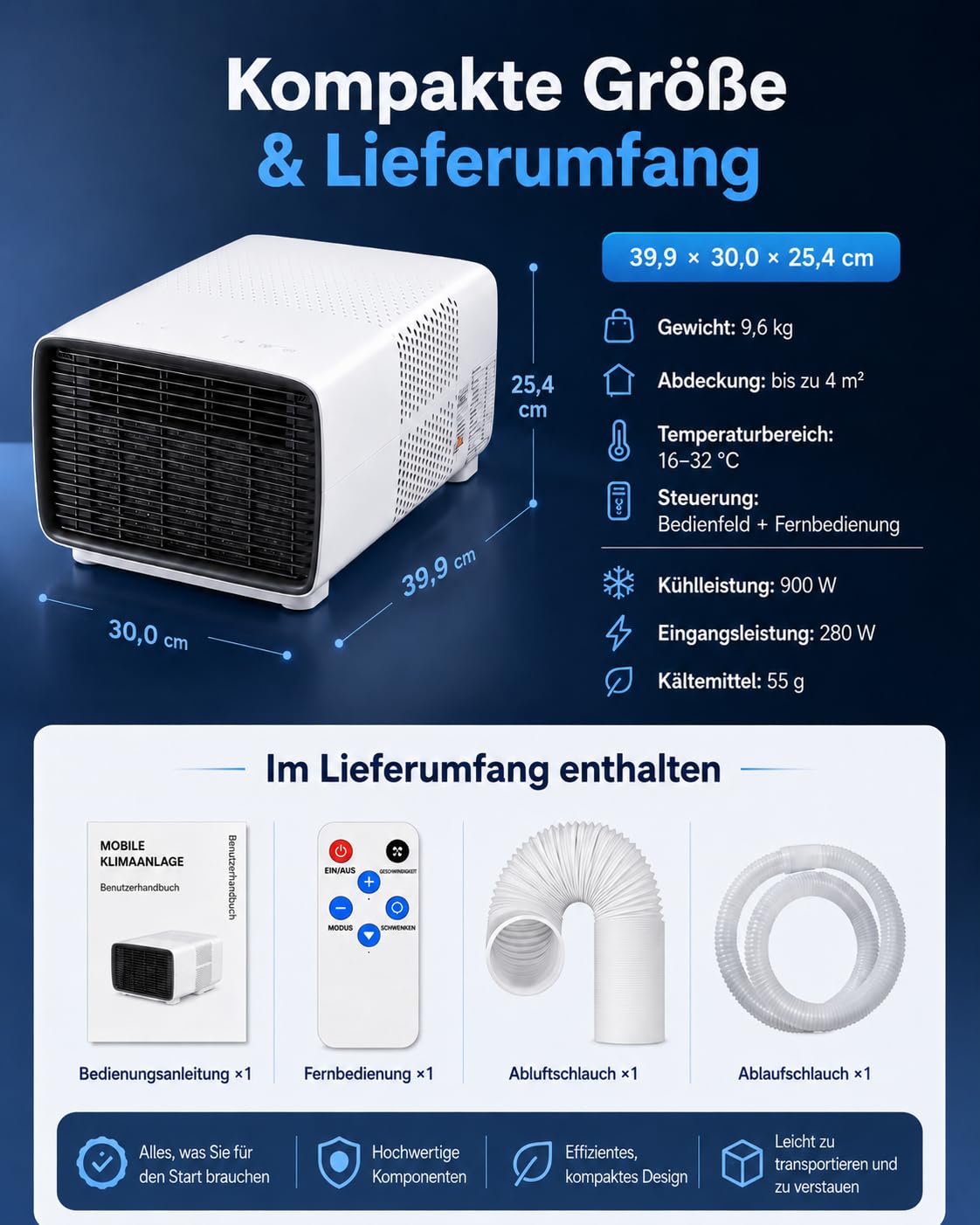 Tragbare Klimaanlage, 2700 BTU, 3-in-1, für Haus und Wohnwagen | Kühlen, Entfeuchten und Lüften von Haus und Wohnwagen; Nachtmodus, Fernbedienung, Timer und Abgasrohr
