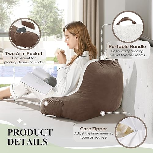 Miniatura 3 de downluxe Almohada de lectura Sherpa con brazos, almohada de espalda para sentarse en la cama, almohada para adultos con espuma viscoelástica