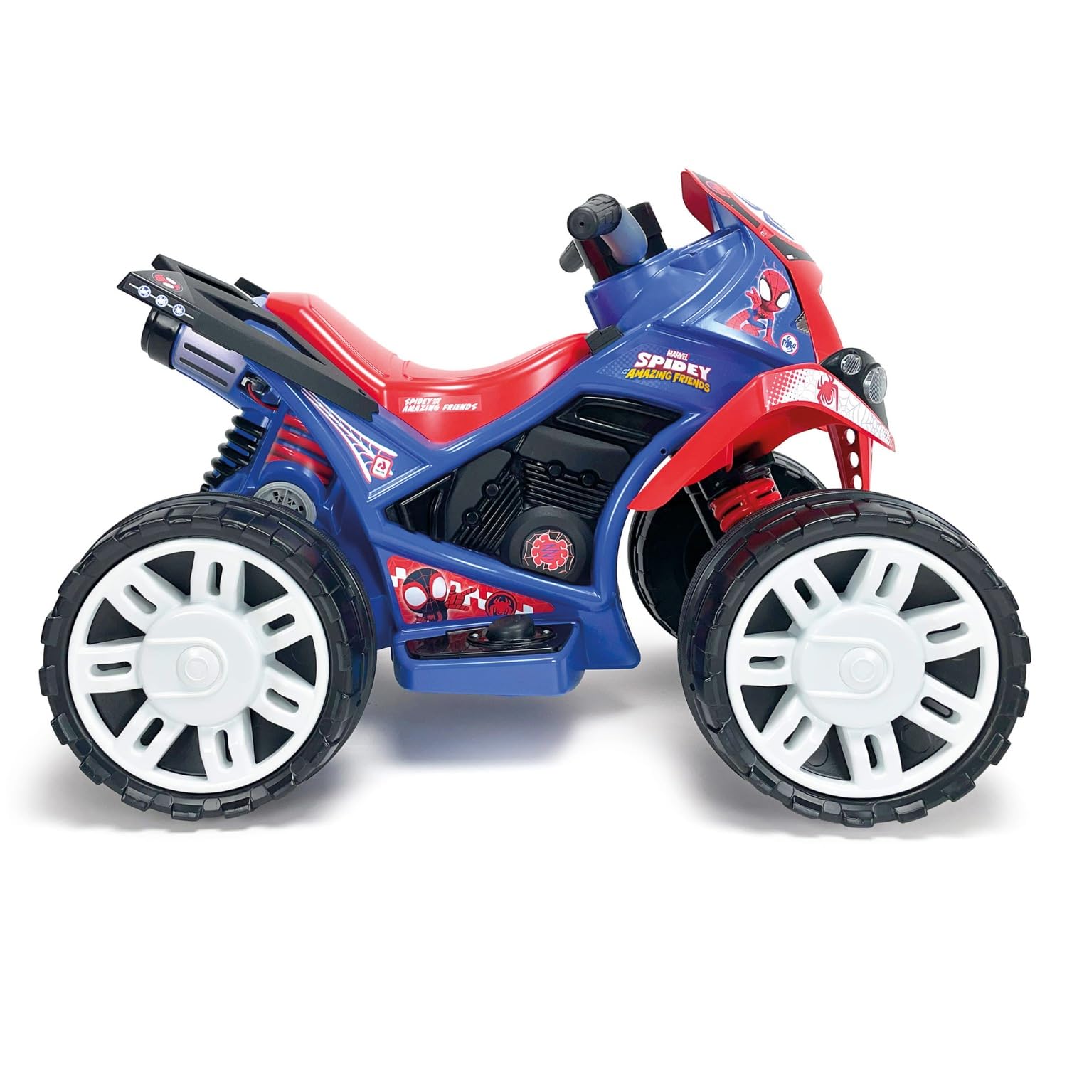 INJUSA - Quad elektryczny The Beast Spiderman, dla dzieci od 2 do 4 lat, akumulator 12 V, pedał przyspieszenia, bieg wsteczny i plastikowe koła, maksymalna prędkość 6 km/h, kolor niebieski