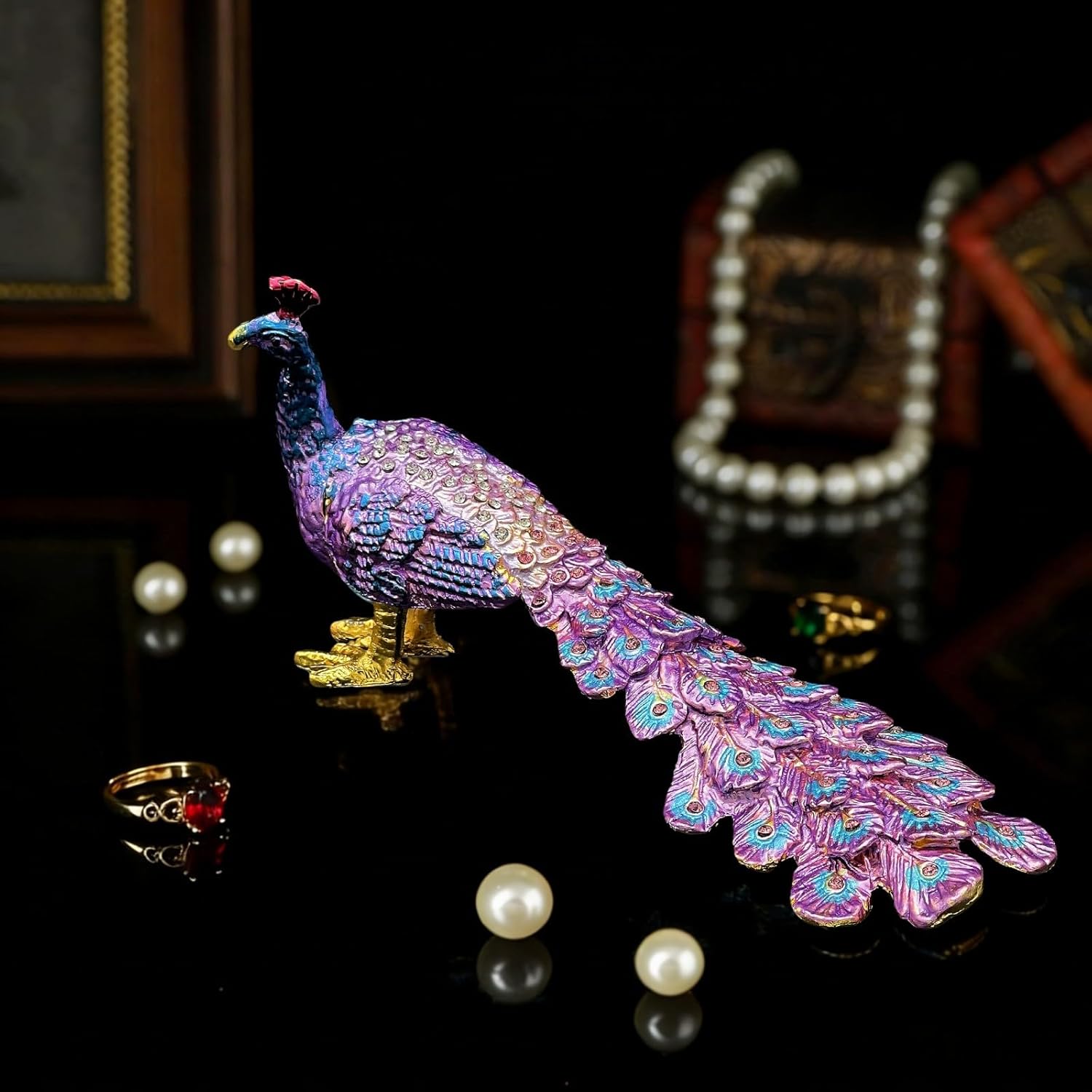 Peacock Jewelry Box with Rhinestone Metal Vintage Trinket Storage Box Decorative with Latching Keepsake Box for Ring Earrings Peacock Figurine, Gift for Women Girls, Home Decor (Purple)