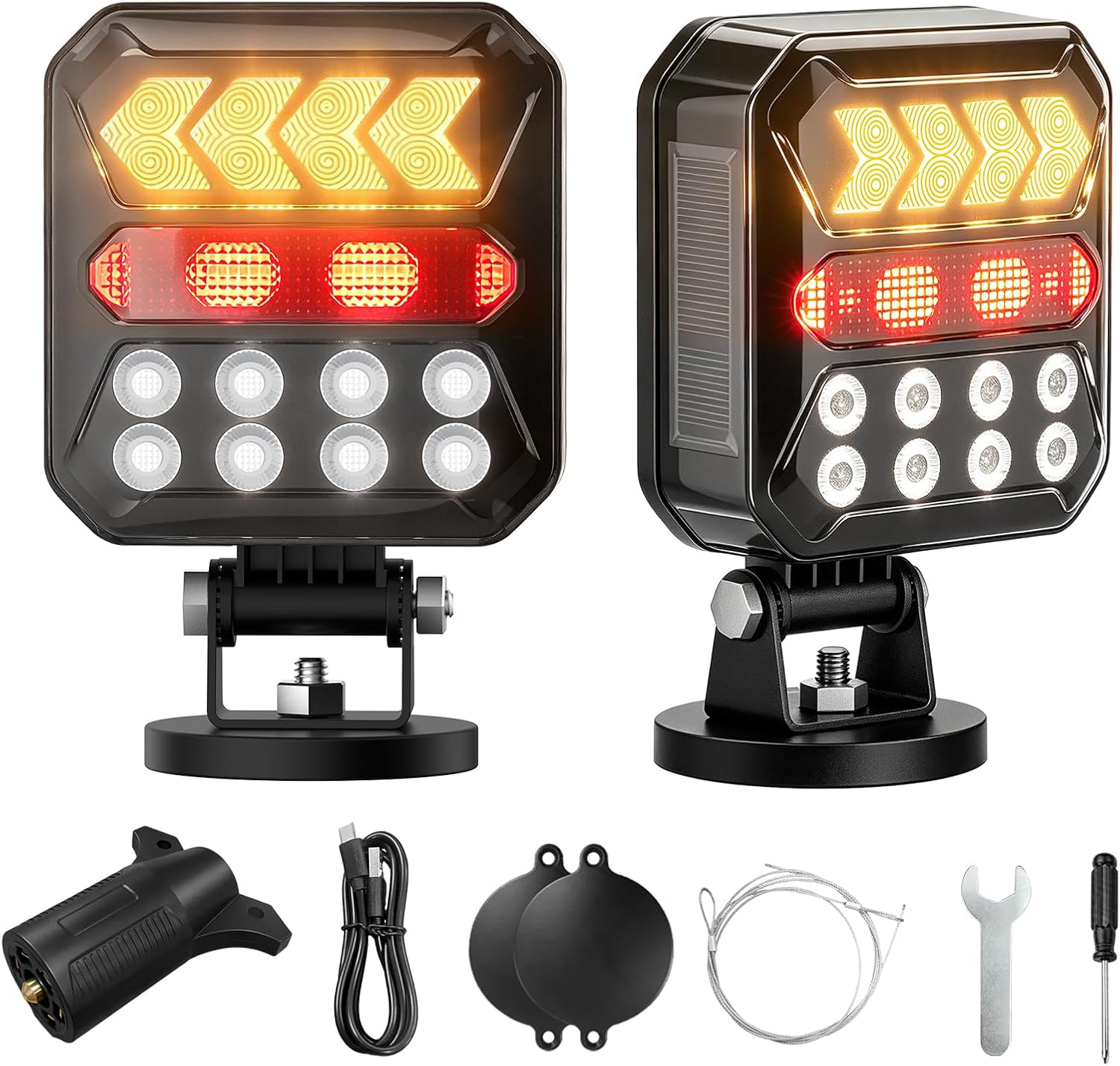 YUNCHI Wireless Magnetic Trailer Lights Kit, Solar Rechargeable LED Tow Lights, 3000mAh Waterproof Wireless Tail Light with Turn Signal Brake Reverse Lights for RV Boat Truck Agricultural Machinery