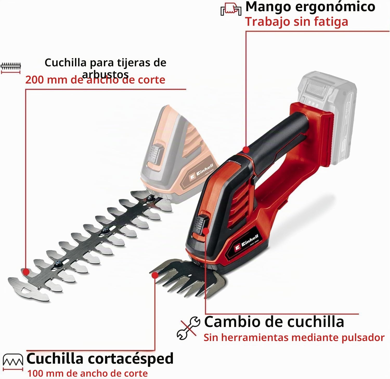 Einhell Tijeras para césped y arbustos GE-CG 18/100 Li-Solo Power X-Change (ion de litio, 18 V, 10 cm de ancho de corte, 20 cm de longitud de corte, cambio de cuchilla sin herramientas)