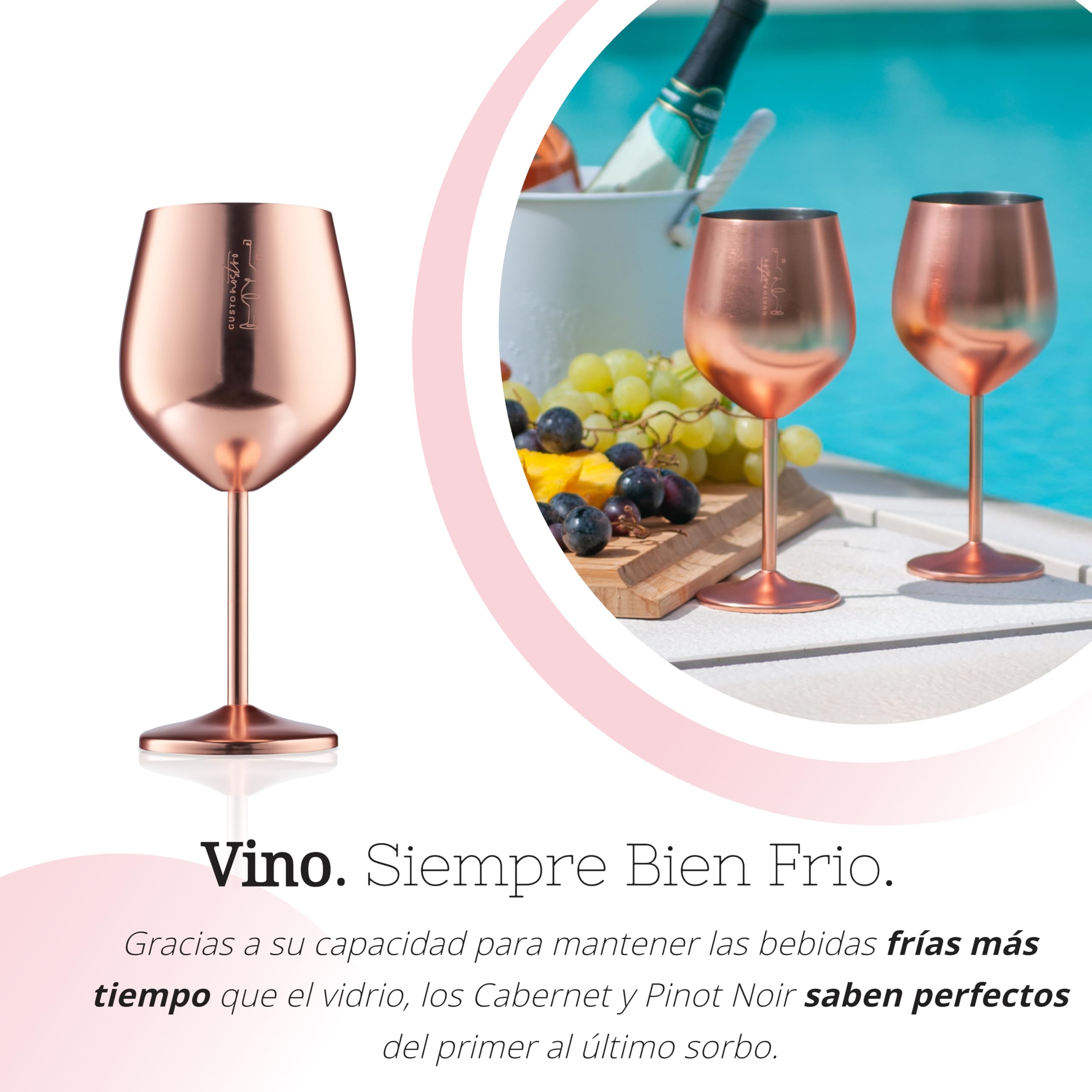 Gusto Nostro Copa de Vino de Acero Inoxidable - 530 ml (18 oz) - Copas de Vino Irrompibles de Oro Rosa para Viajes, Camping y Piscina - Copa de Vino de Metal Portátil Elegante, Única y Genial para