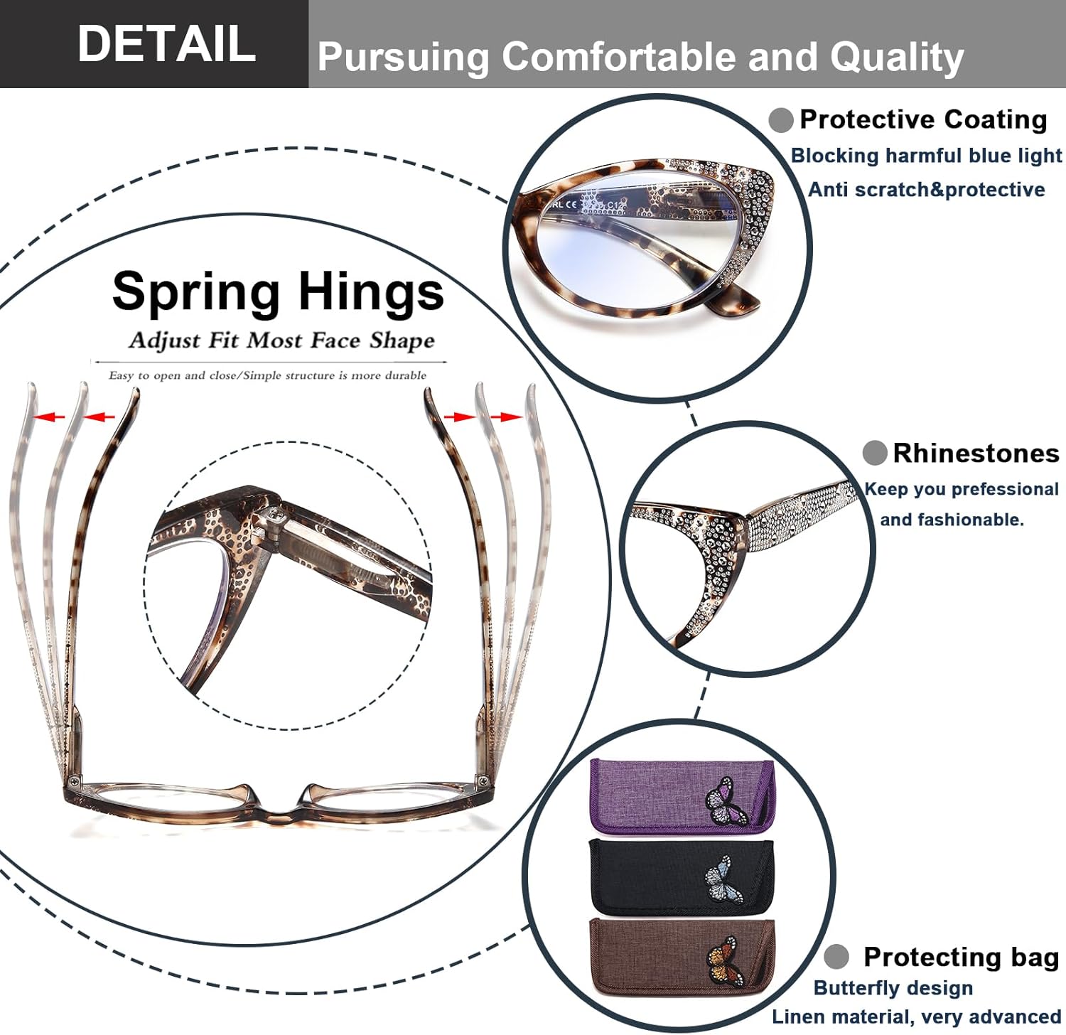 EYEURL 3-Pack Cat Eye Reading Glasses for Women Blue Light Glasses Fashion Computer Readers with Spring Hinge Anti-Glare Readers for Women 1.5 - Image 4