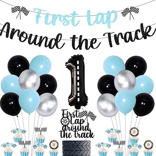 Decoraciones de fiesta de primer cumpleaños con temática de auto de carreras para niños, decoración de fiesta de coche de primer vuelta alrededor de