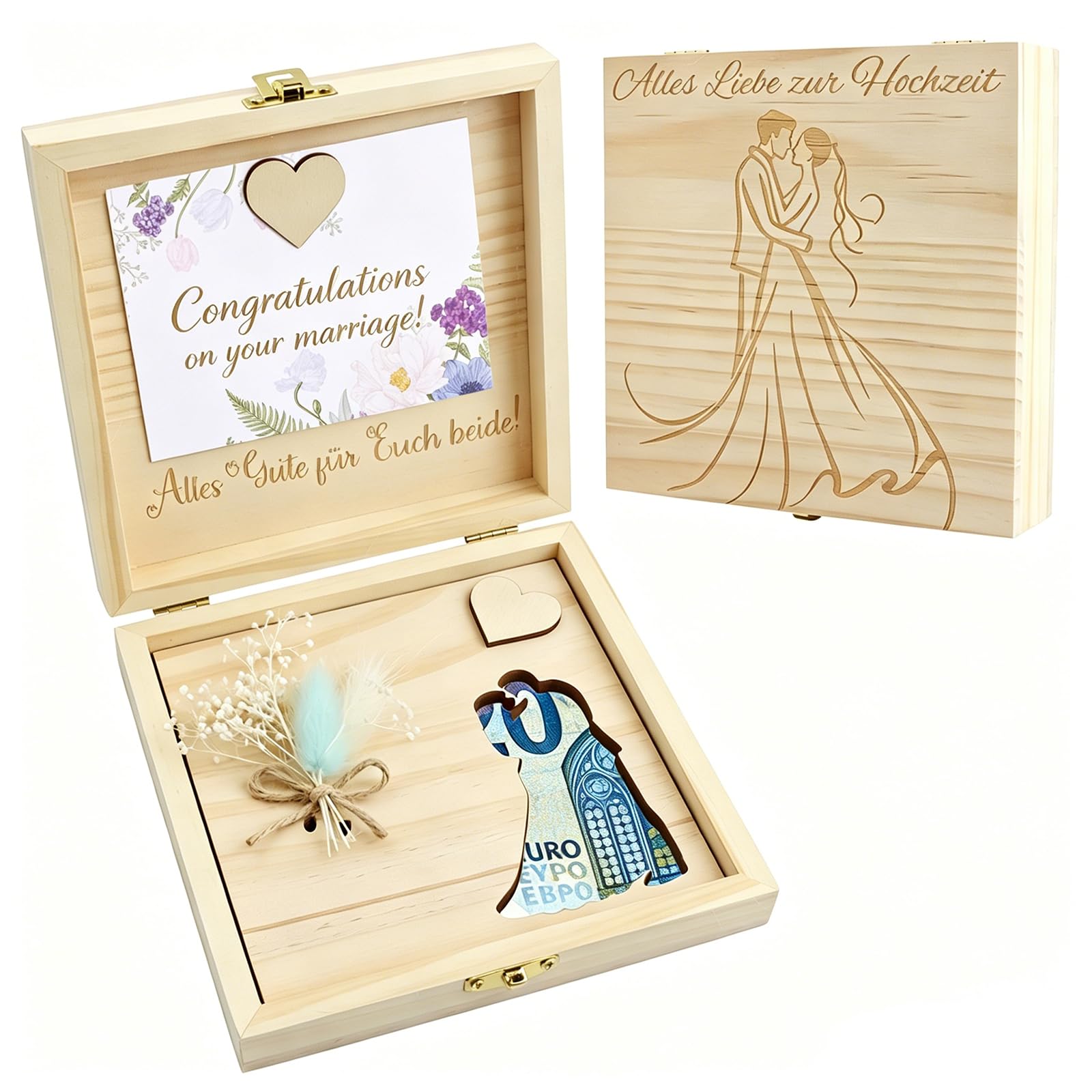 KingYH Regalo de Dinero para Boda Caja Regalos Boda Novios Regal Cajaa Madera para Recién casados Regalo Regalos de Boda para Los Novios con Caja de Madera Flores