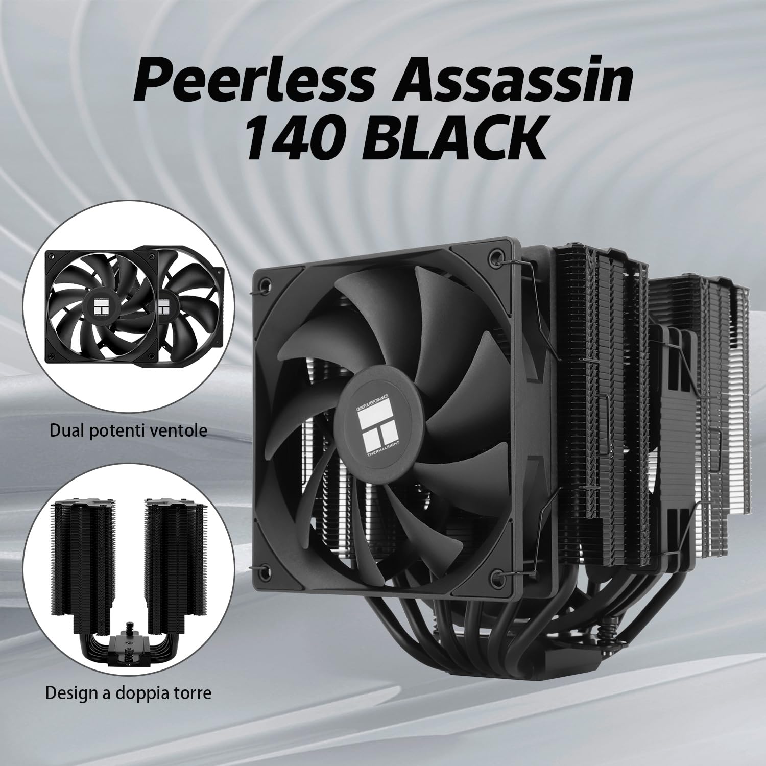 TR Peerless Assassin 140 czarny, 6 ciepłowodów, dwa wentylatory PWM i dwie wieże, chłodzenie procesora o wysokości 158 mm z górną pokrywą, do AM4/AM5 i Intel LGA 1851/170/1150/1151/1200