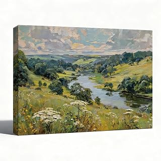 RTVJTERQ Classic Oil Painting Canvas Print 8x10, Valley River Panoramic Countryside Impressionist Art, Serene Meadow Mountain Scenery Home Decoration