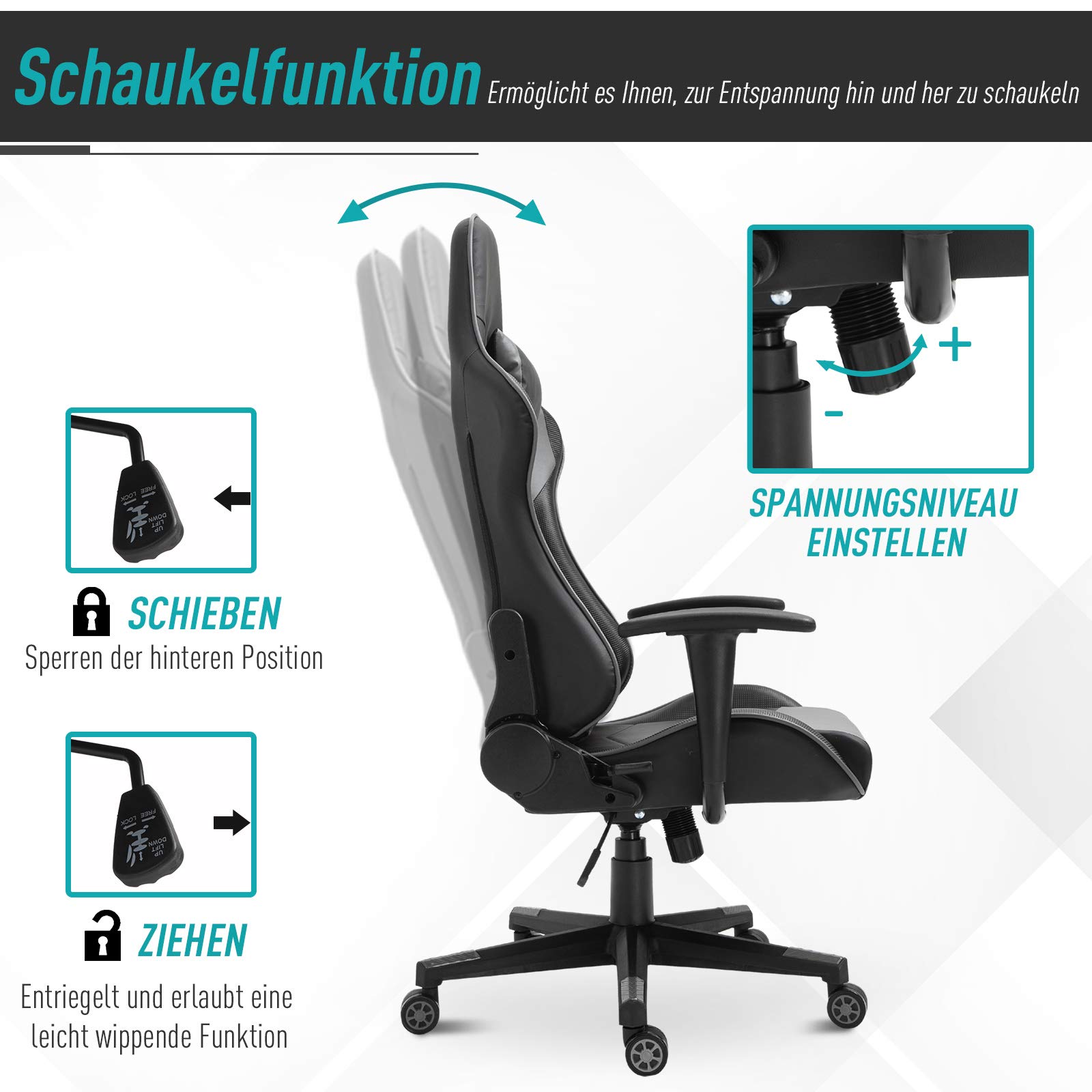Vinsetto Ergonomiczne krzesło biurowe, fotel gamingowy, krzesło obrotowe, sztuczna skóra, pianka, MDF, czarne, 67,5 x 56 x 126–136 cm