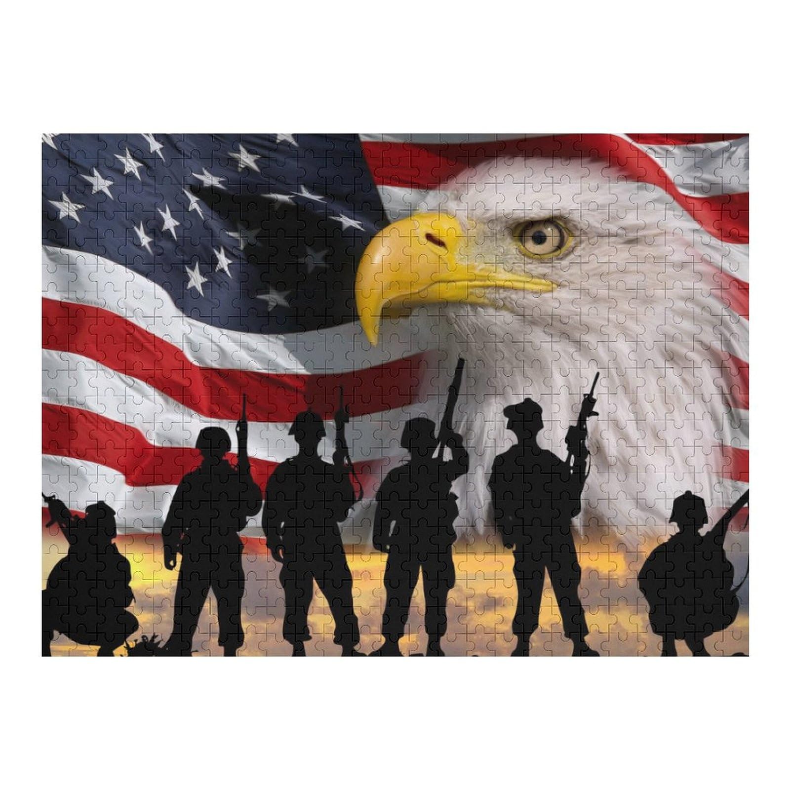Jigsaw Puzzle for Adults 500 Pieces American Flag Eagle Soldiers Patriotic Leisure Creative Games Wooden Puzzle Game Artwork for Adults Teens Children Toys Gift