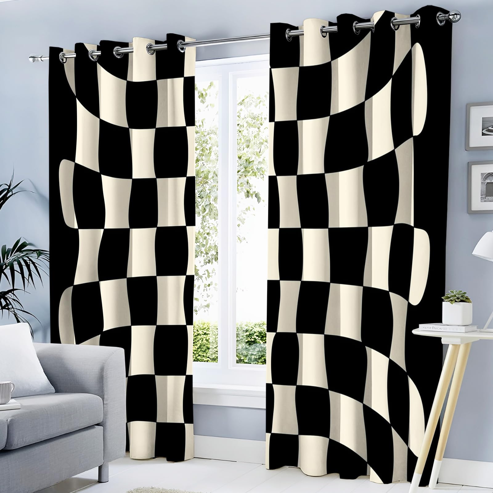 Rideau thermique isolant anti froid occultant à motifs carreaux pour chambre