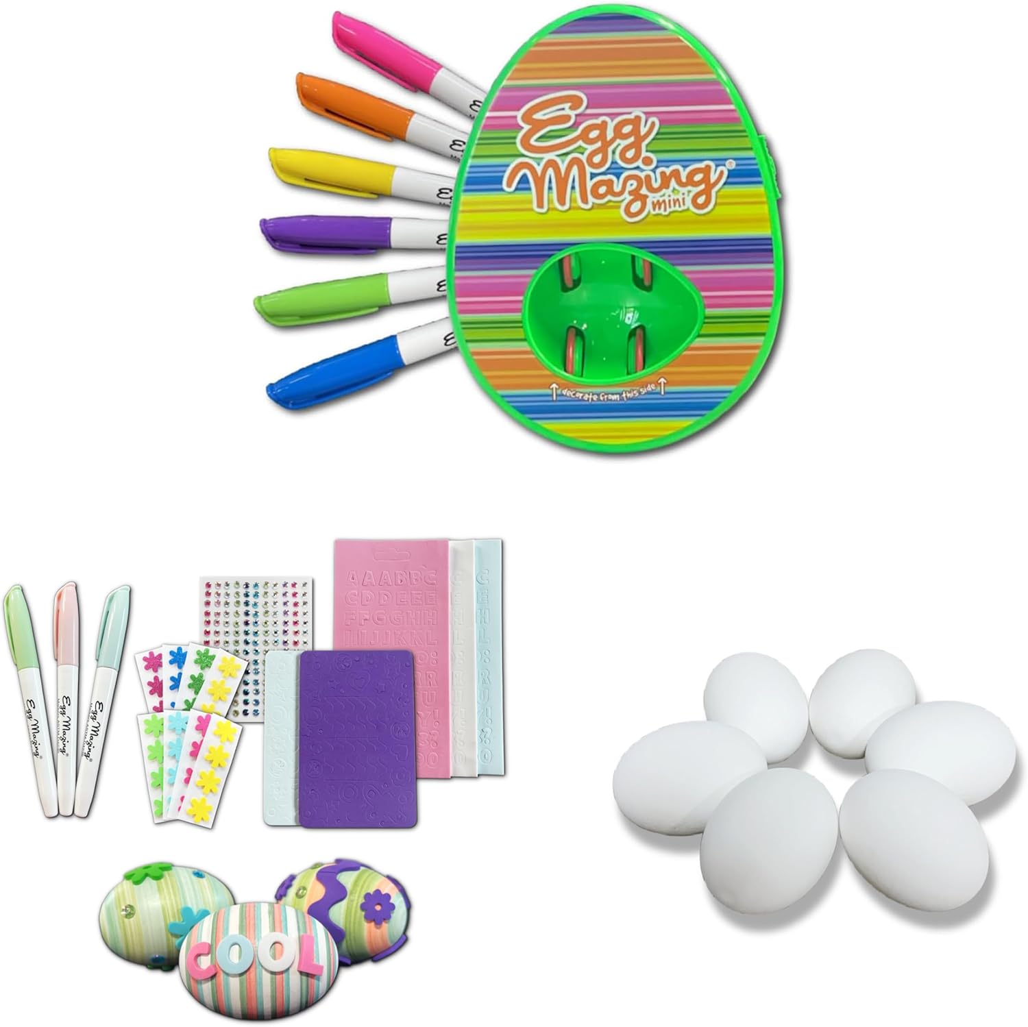 The Eggmazing Easter Egg Mini Decorator Kit + White Wooden Eggs (6 Pack) + Easter Egg-cessory Pack
