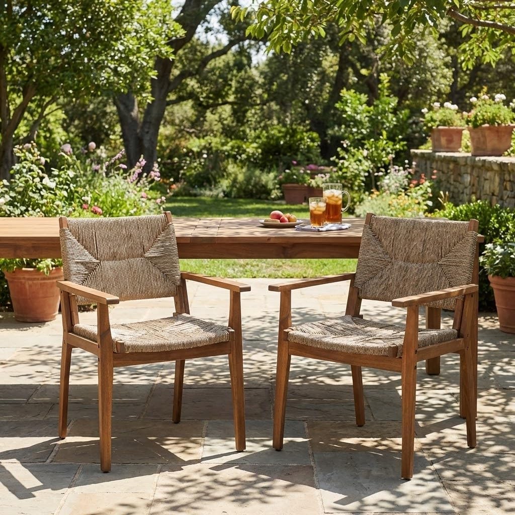 Merax 2 Set Durable Outdoor Dining Chair with Acacia Wood Frame, Handwoven Wicker Seat, Patio Garden Furniture, 250lb Capacity, Teak