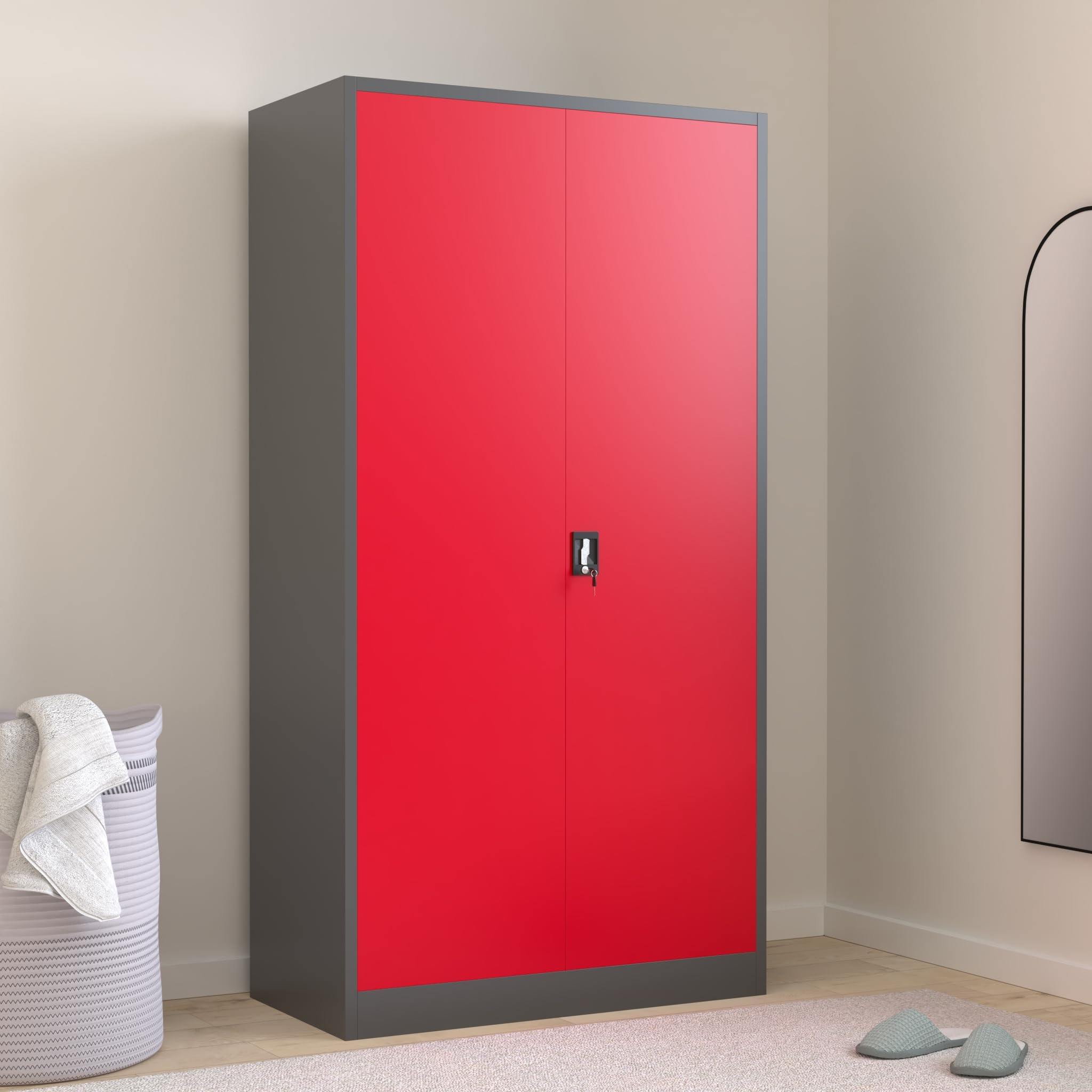 Jan Nowak Armoire à Outils Métallique 4 Étagères 185 x 92 x 50 cm Rouge | Armoire d’atelier verrouillable avec panneau perforé, 4 étagères, portes battantes et finition anthracite-rouge.