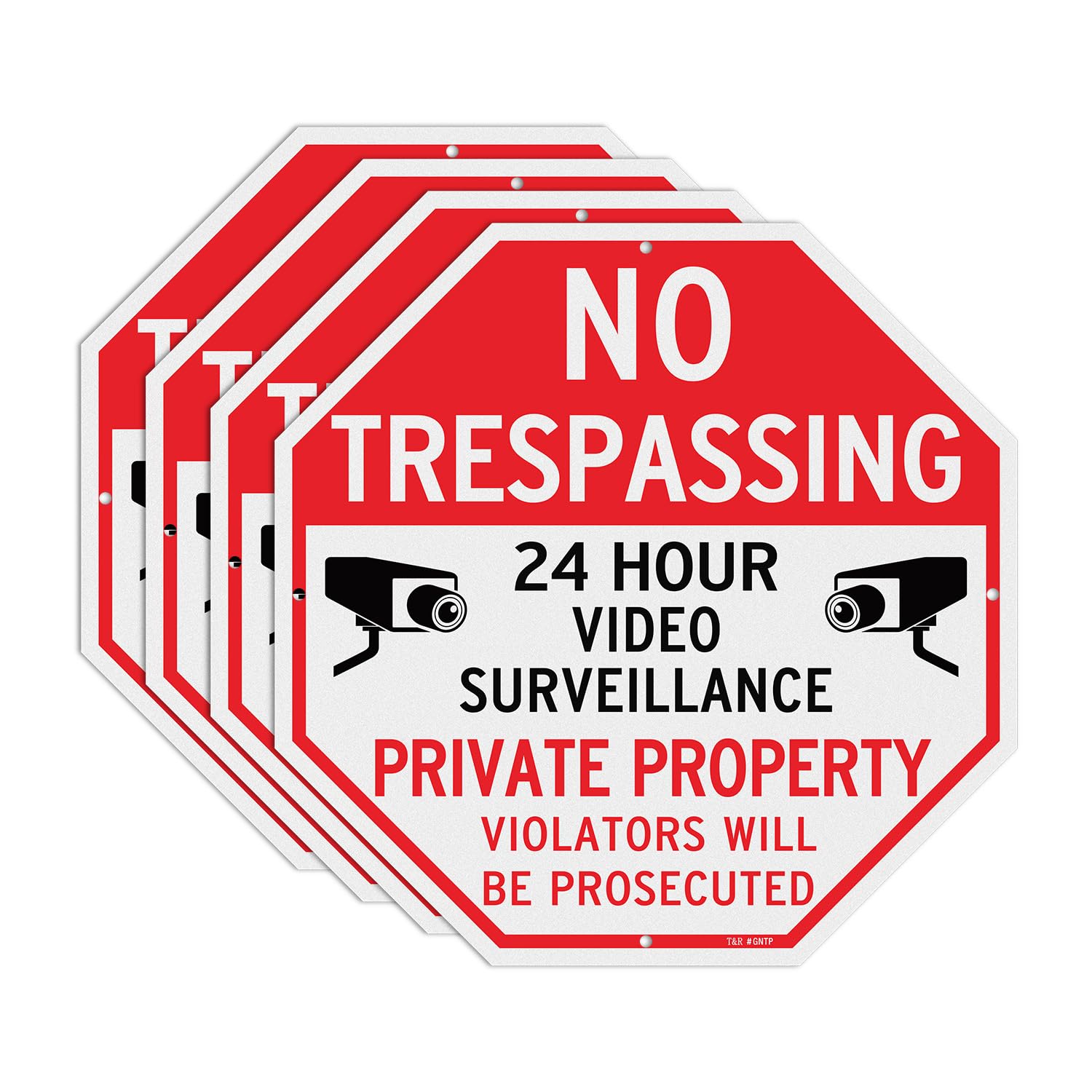 T&R Letrero grande de vigilancia de propiedad privada con texto en inglés "No Trespassing Private Property", paquete de 4, 12 x 12 pulgadas, aluminio pesado libre de óxido, reflectante, impermeable