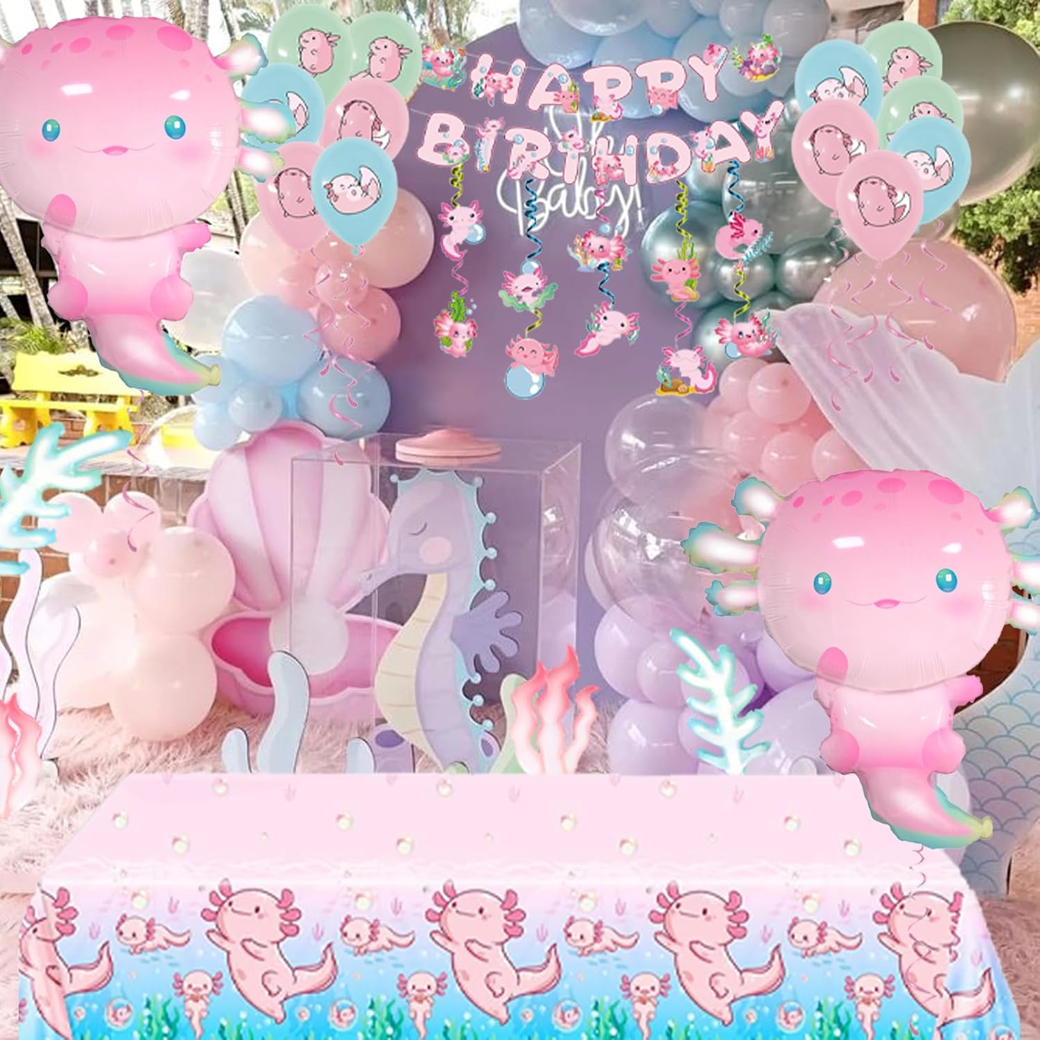 Axolotl Birthday Party Decorations - 21Pcs Pink Axolotl Party Favors Set with Axolotl Foil Balloons, Latex Balloons, Banner, Tablecloth, Curling Ribbons for Girls Birthday Party Suppllies