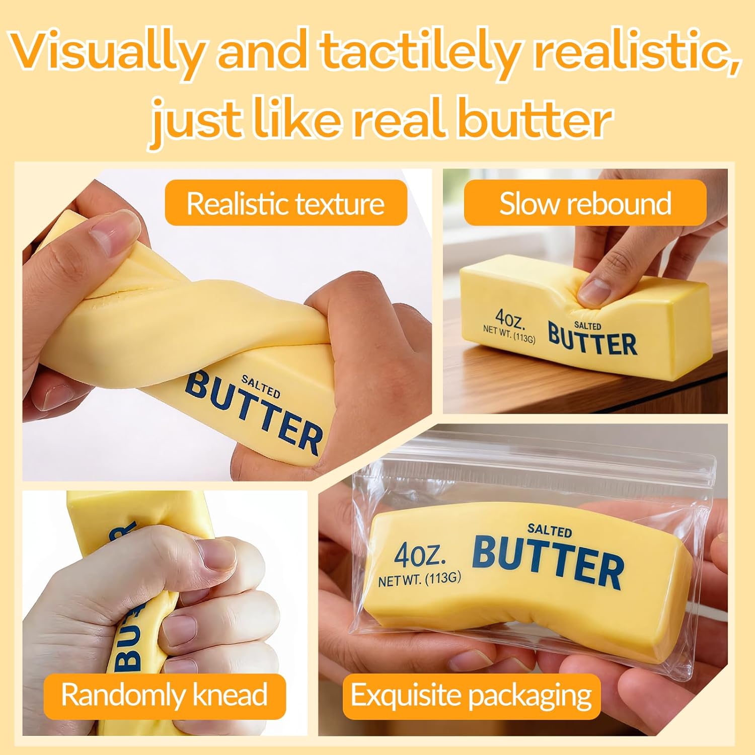 Butter Squishy– Slow Rising Squishy Butter Stick, Realistic Food Fidget Toys for Adults, Stress Relief & Anxiety Relief, Soft PU Material, Portable 5.5 Inch Squeeze Toys for Office & Home