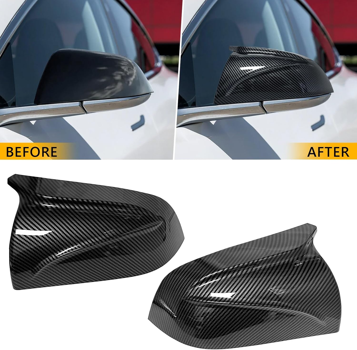 TOPUS Pair Side Mirror Cover Caps Replacement for Tesla Model 3 2018-2024 Ox Horn Style Car Exterior Reversing Rear View Mirror Housing Left Driver & Right Passenger Sside Gloss Black