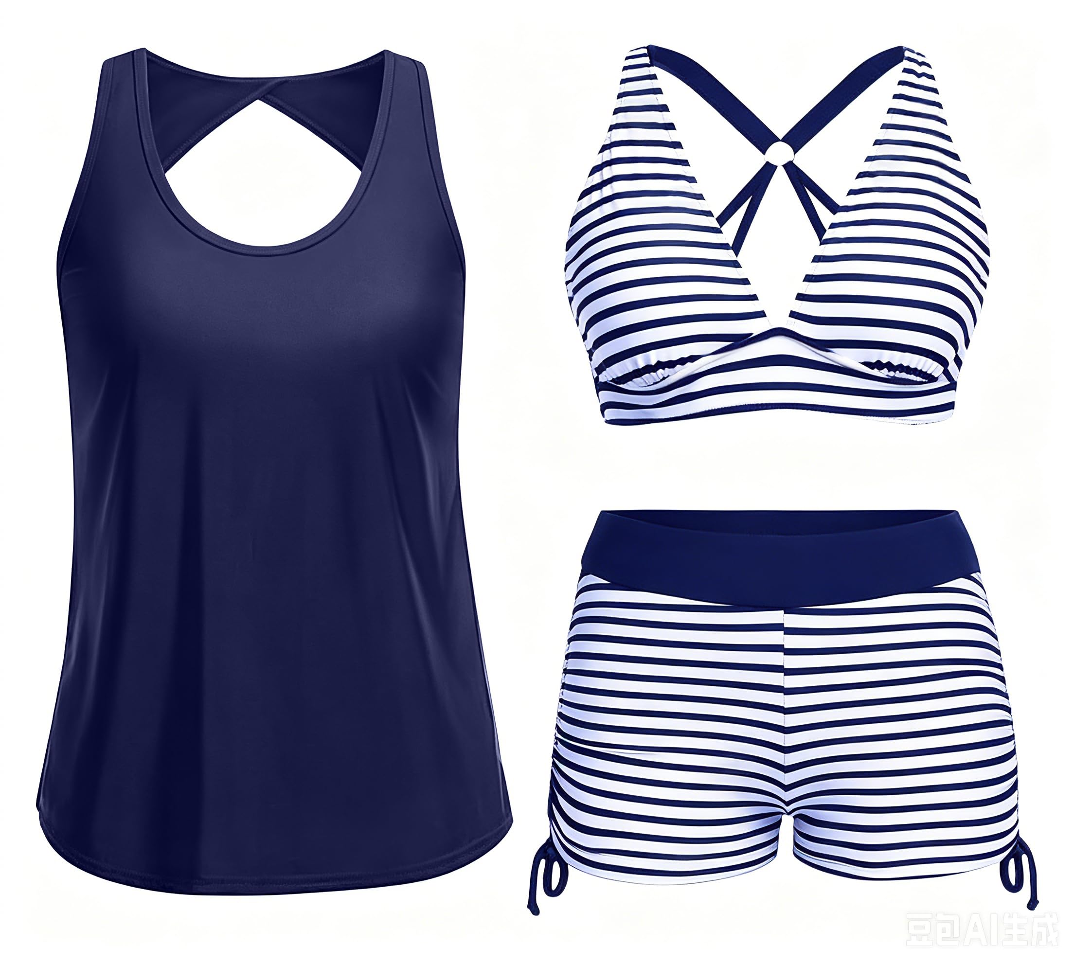 3 Piece Tankini Swimsuits for Women Athletic Swim Tank Top with Boy Shorts and Bra V Neck Bikini Bathing Suits Blue L-image-41