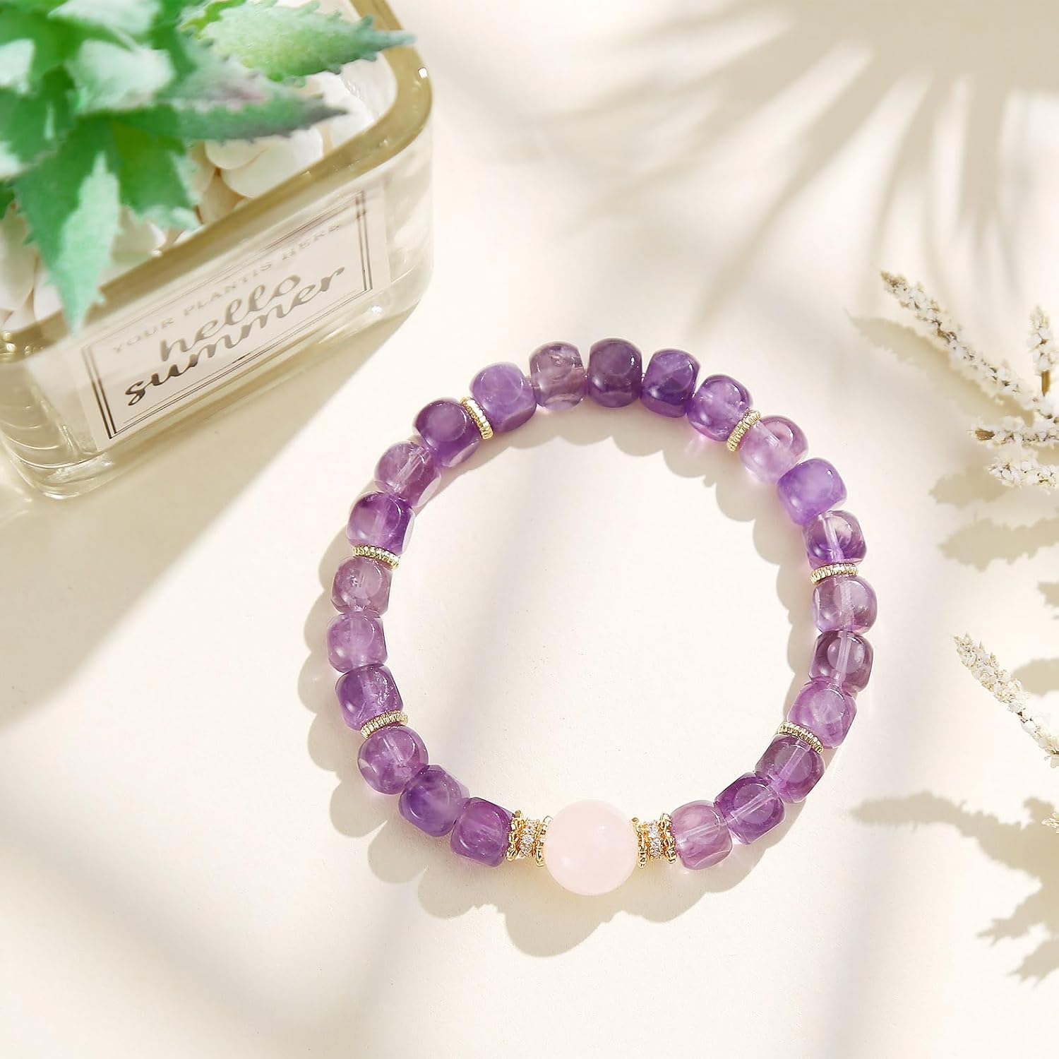 Natural Sugar Cube-Shaped Amethyst & Rose Quartz Crystal Single-Strand Bracelet Women’s Mixed Crystal Double-Wrap Bracelet Healing Beaded Bracelet for Energy Love & Balance Gift for Women Lady and Friend - Image 5