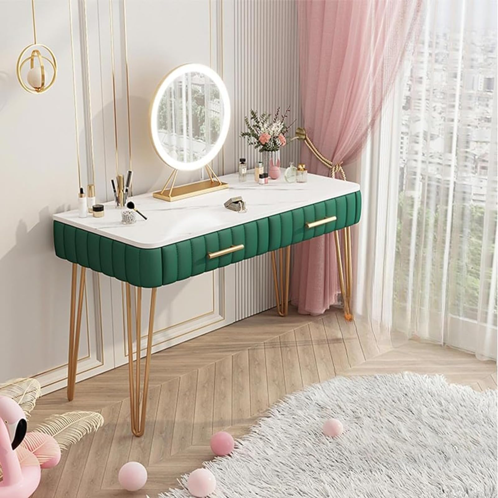 Set da scrivania con grande specchio e 2 cassetti, elegante postazione trucco per donne e ragazze, perfetto per camera da letto, casa, ufficio, ideale (verde)