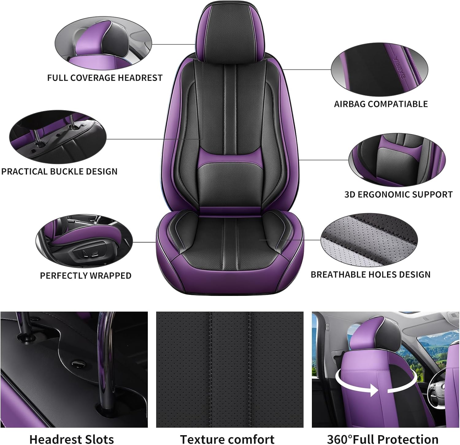 Car Seat Covers Full Set Fit for KIA K5 2021-2026, Automotive Luxury Faux Leather Seat Covers 5 Seats, Breathable Anti-Slip Seat Protectors (Black&Purple,Full Set)