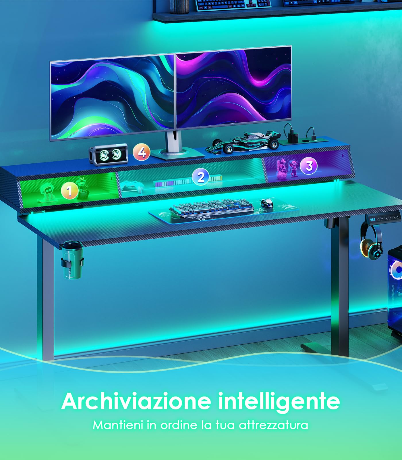 OffiGo Scrivania Regolabile in Altezza con LED RGB, 140×60 cm, Nero | Scrivania elettrica gaming con porte USB, Scrivania motorizzata con 3 memorie, Scrivania regolabile per home office