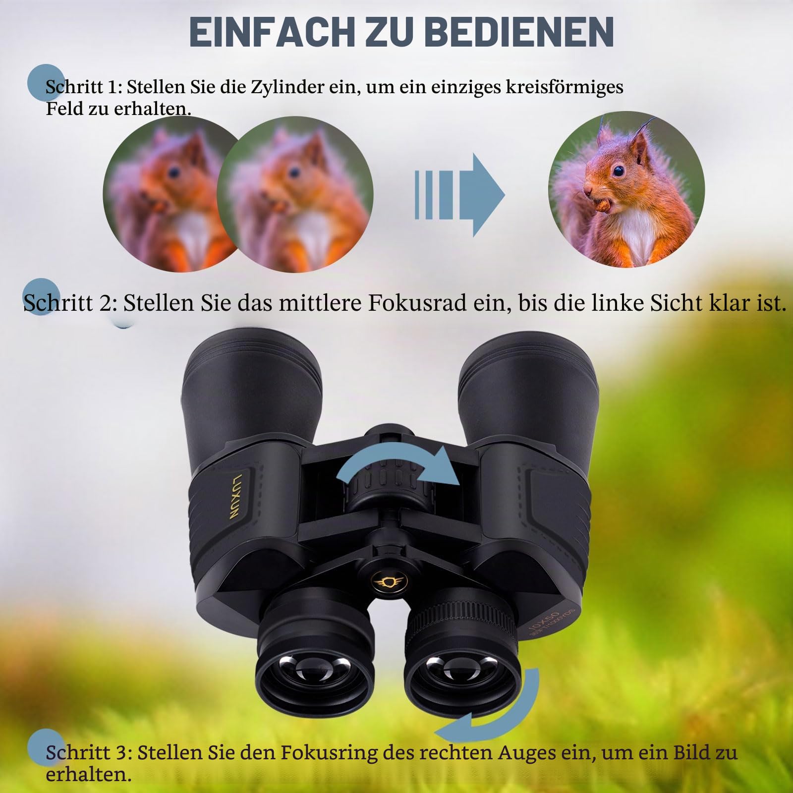 LUXUN 10x50 Fernglas für Erwachsene, Fernglas mit Nachtsicht bei Schwachem Licht, BAK4 Prism HD für Outdoor Jagd, Wandern, Safari und Vögel Beobachten
