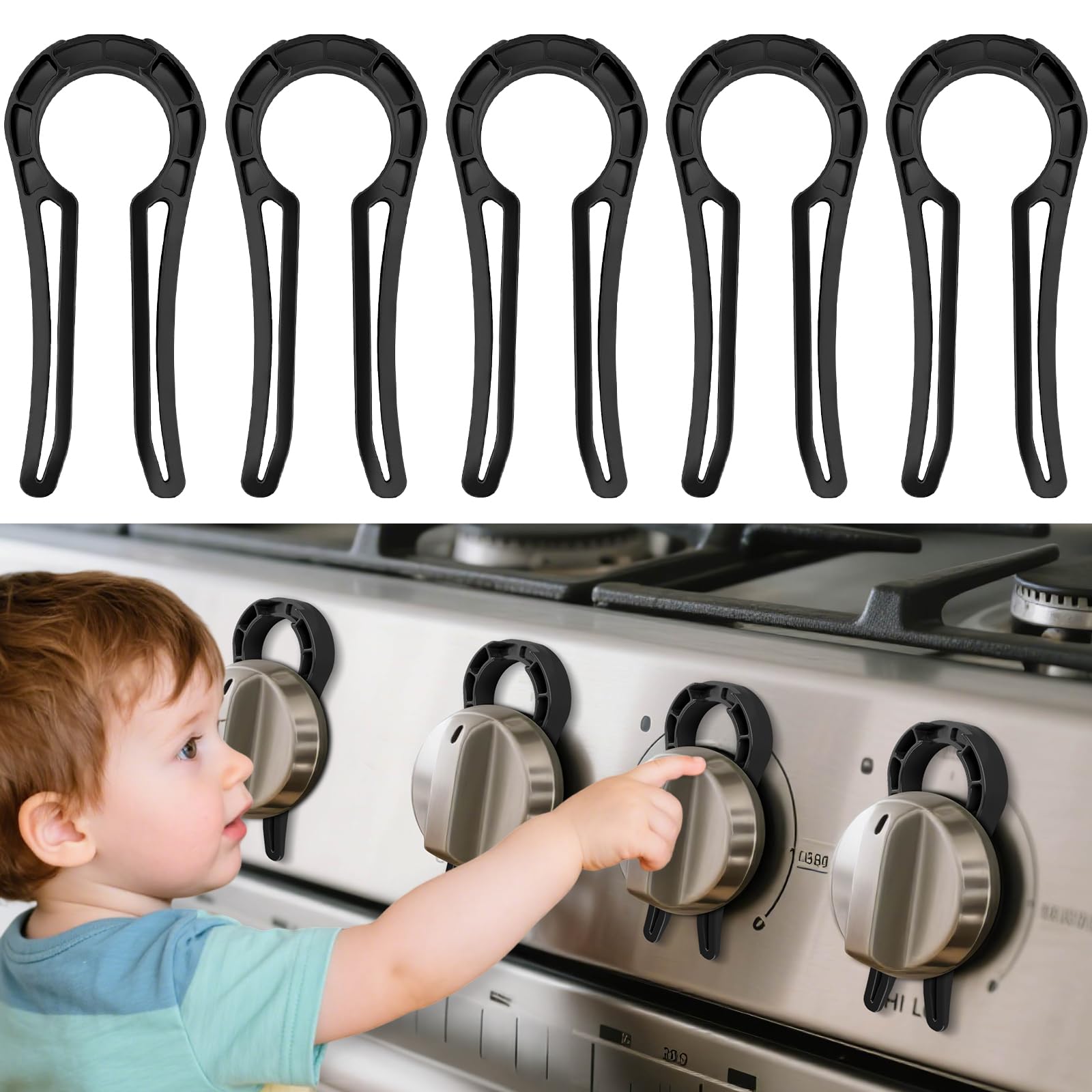 Gas Stove Knob Locks Protecting Kids and Pets; Oven Knob Covers for Child Safety (5 Pack,Black)
