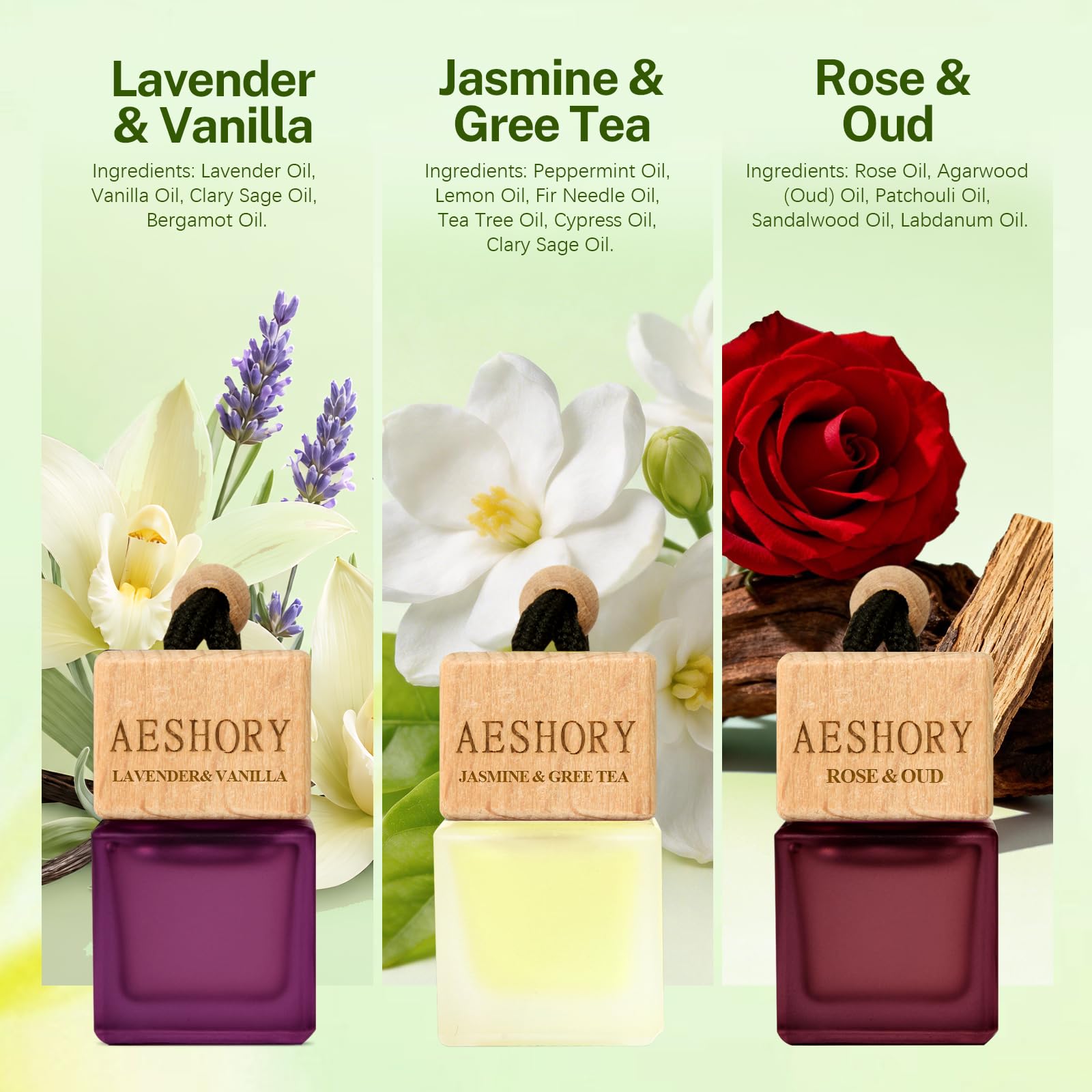 Aeshory 3 x 8 ml Odświeżacz Powietrza Do Samochodu Kwiaty, Dyfuzor Do Wnętrza Samochodu, Perfumy Do Taksówek, Biur I Domów – Jaśmin & Zielona Herbata, Lawenda & Wanilia, Róża & Oud