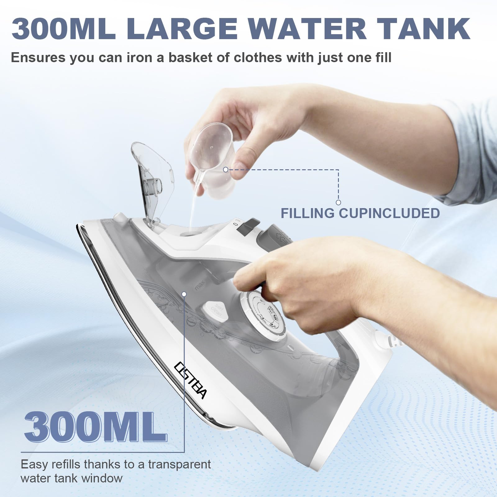 OSTBA - Plancha de vapor de 1600 W para ropa con suela antiadherente de calentamiento rápido, esfera de termostato precisa, autolimpiante, antical, función de parada de goteo, 300 ml para tanque de