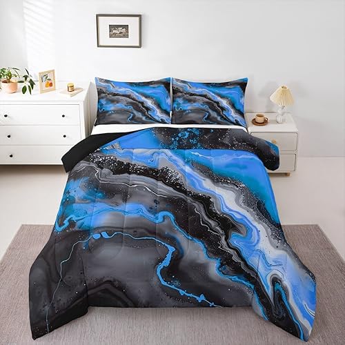 Feelyou Abstract Comforter Set All Season Black and Blue Bedding Set with 1 Pillow Cases Marble Print Kids Twin Bedclothes Modern Art Bedroom Decor
