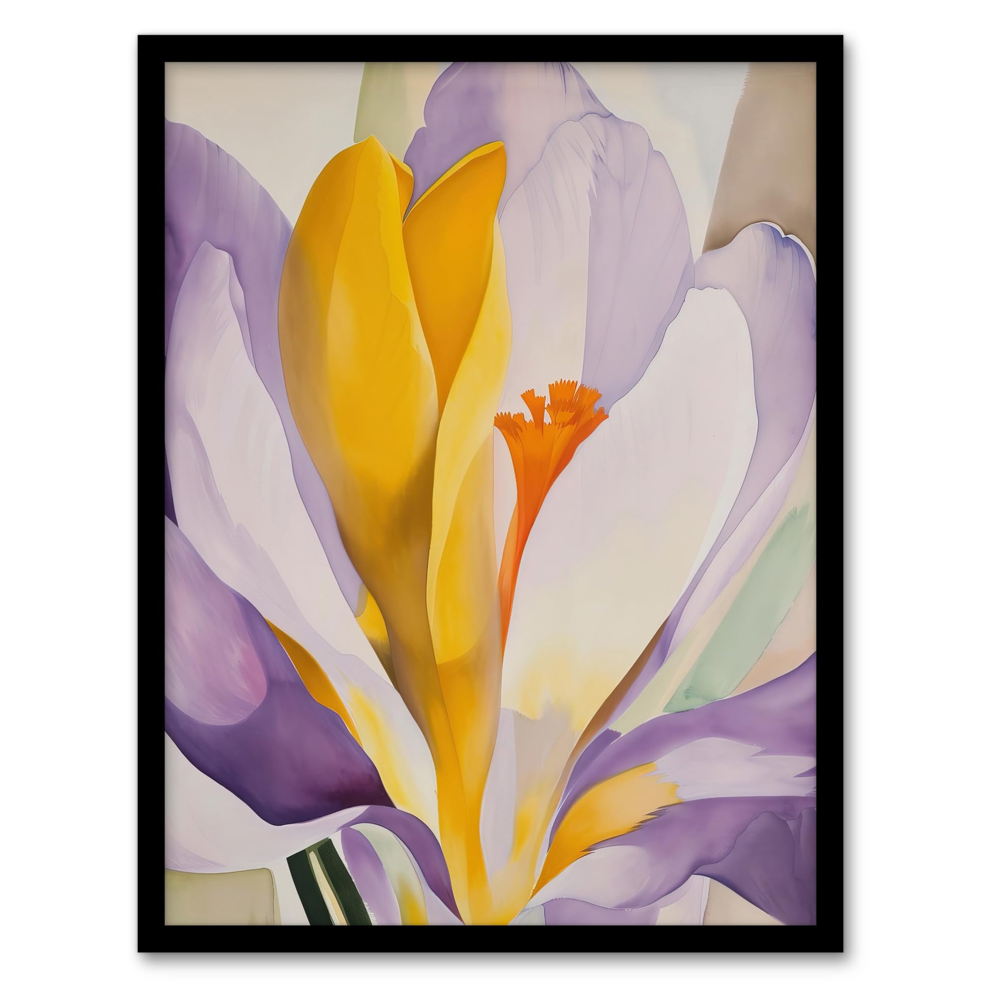 Artery8 Crocus Flower Abstract Watercolour Print - Lilac Orange - Framed Wall Art - A4 Size