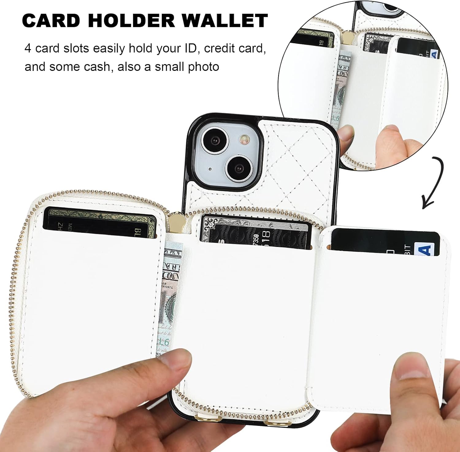 Bocasal Crossbody Wallet Case for iPhone 14, RFID Blocking PU Leather Zipper Handbag Purse Flip Cover, Kickstand Folio Case with Card Slots Holder Wrist Strap Lanyard 5G 6.1 Inch (White)
