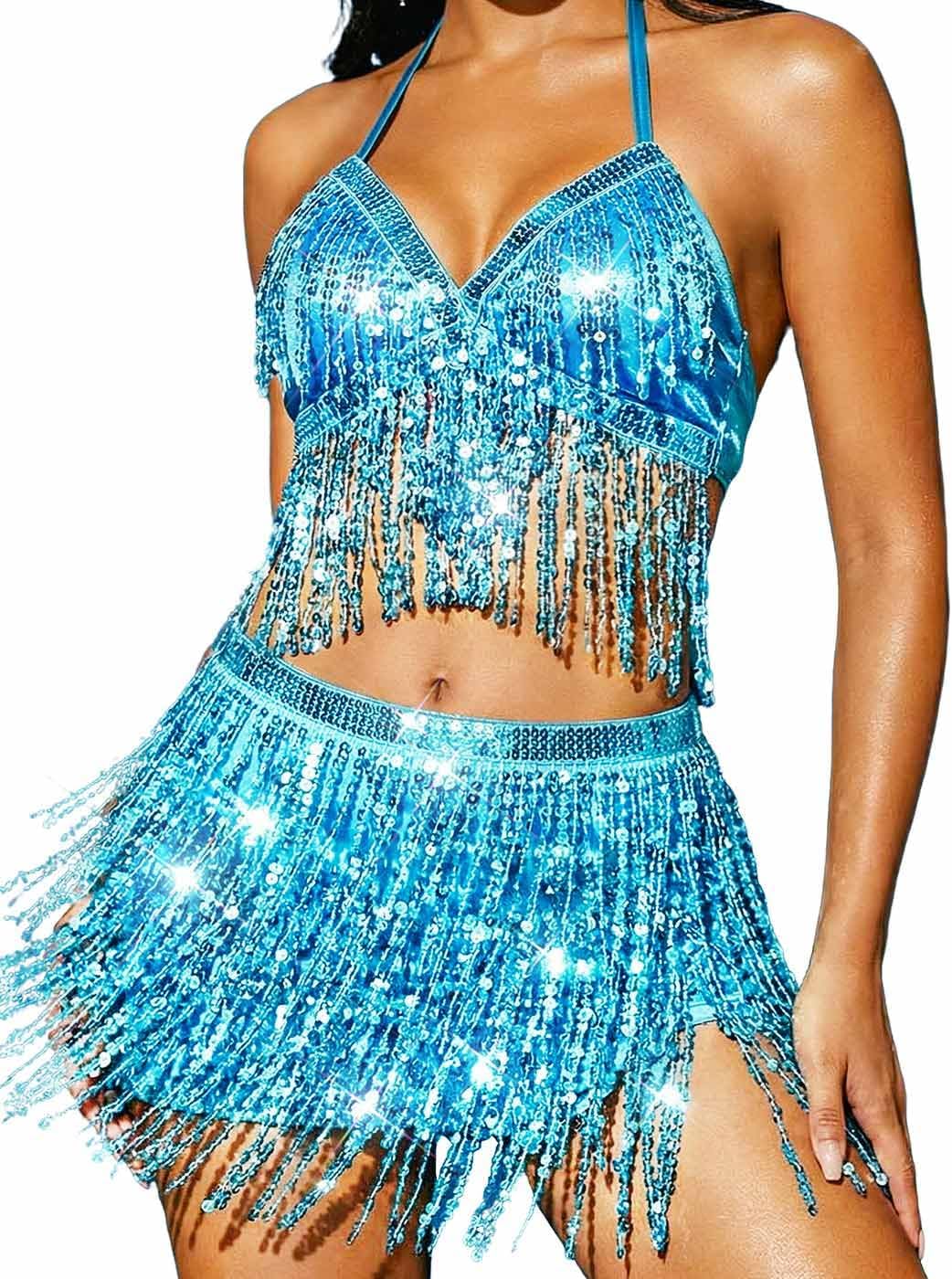 REETAN Sequin Belly Dance Bra Top Skirt Mermaid Rave Outfit for Women