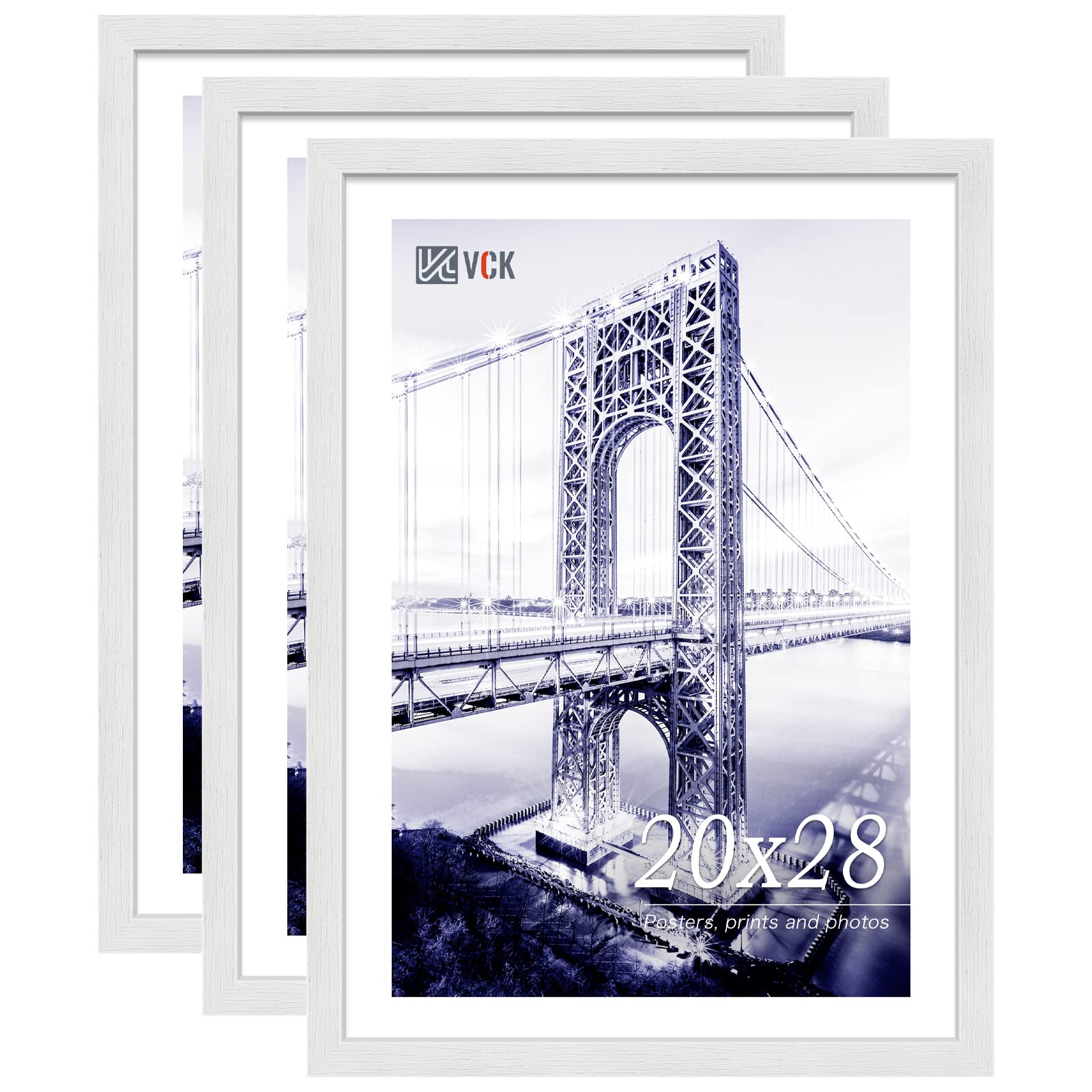 VCK 20x28 Poster Frame Set of 3 - White, Textured Exclusive Solid Wood Picture Frames, Wall Hanging