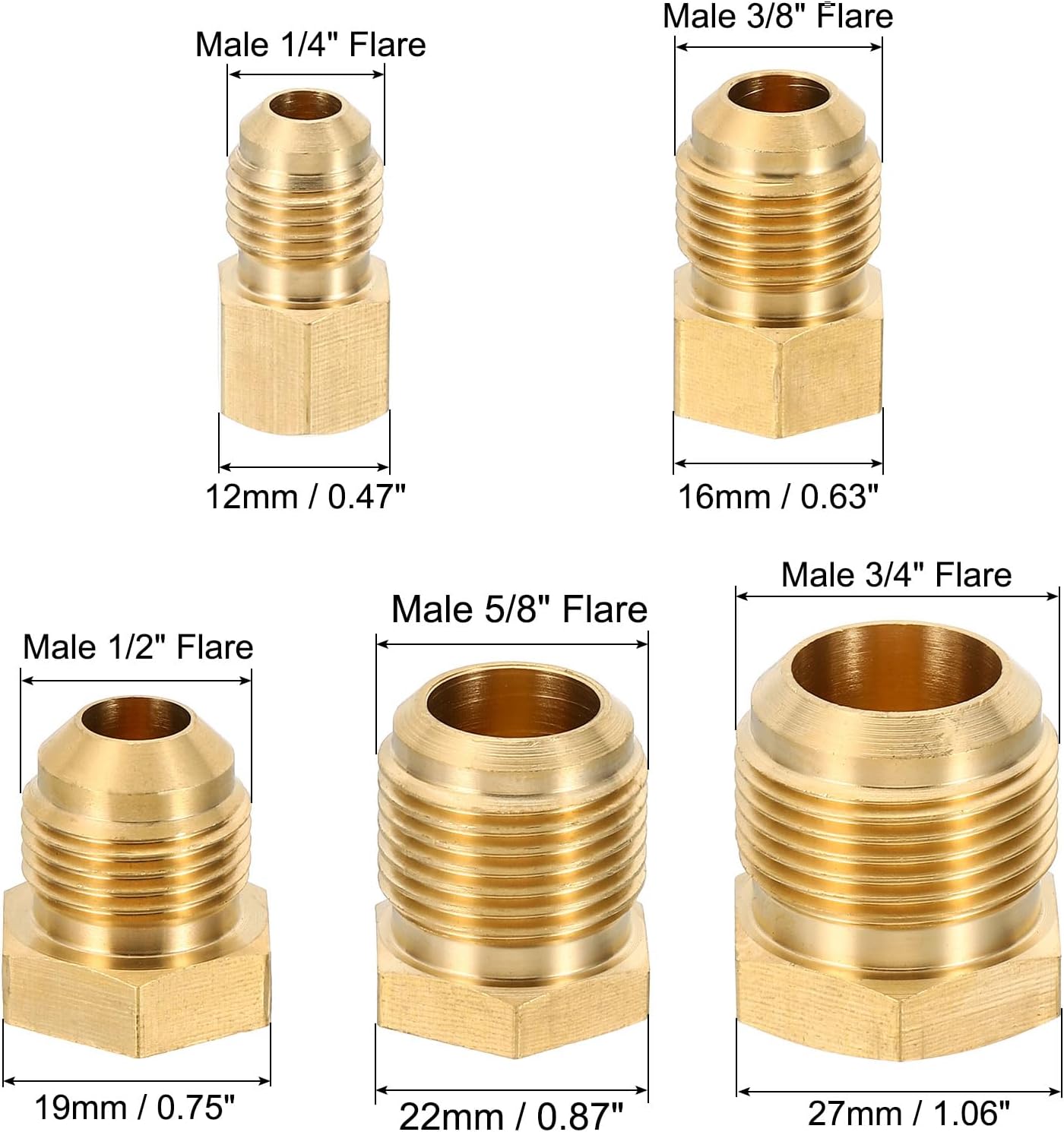 PATIKIL Male 1/4", 3/8", 1/2", 5/8", 3/4" Brass Seal Plug, 5 Pack SAE Flare Tube Fitting 45 Degree Hex Pipe Fittings for Air Conditioner Refrigeration
