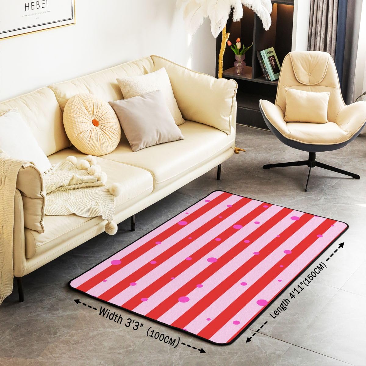 Loussiesd Tapis Salon 100x150cm Rayures Tapis d’intérieur et d’extérieur Dots Doux Antidérapant Moderne Rose pour Salon et Chambre Art rayé Modernee Lavable Luxe