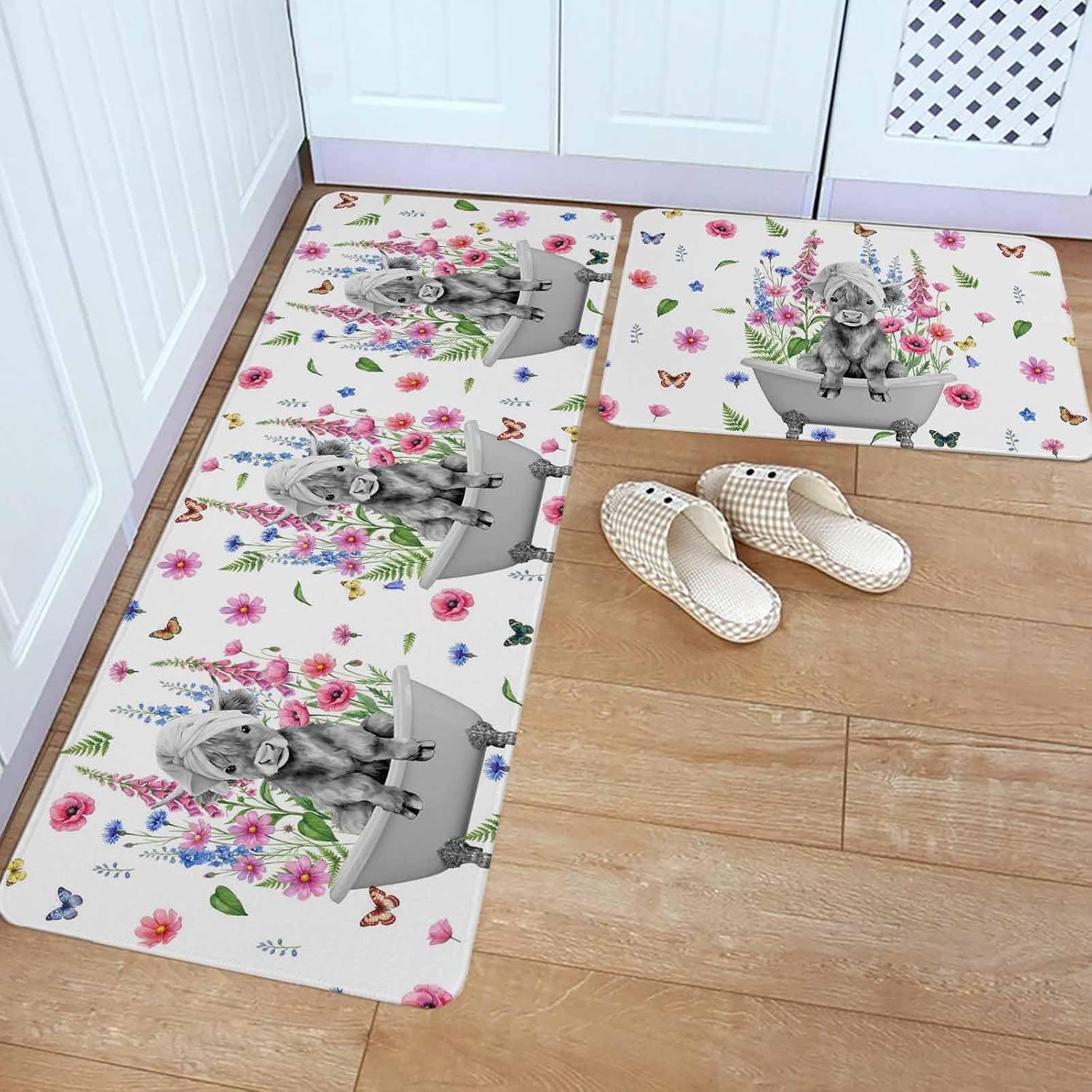 Pink Flowers Yak Kitchen Rugs and Mats Set of 2, Non-Slip Kitchen Sink Mat, Vintage Spring Floral Bathtub Watercolor Washable Doormat Bathroom Rugs Runner for Bedroom 23.6"x35.4"+23.6"x70.9"