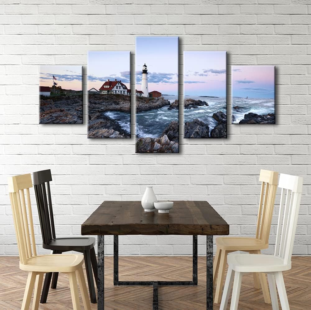 Wieco Art Large Canvas Prints Wall Art Portland Lighthouse Landscape Pictures to Photo Paintings for Kitchen Bathroom Home Decoration Wall Decor 5 Panels Modern Gallery Wrapped Seascape