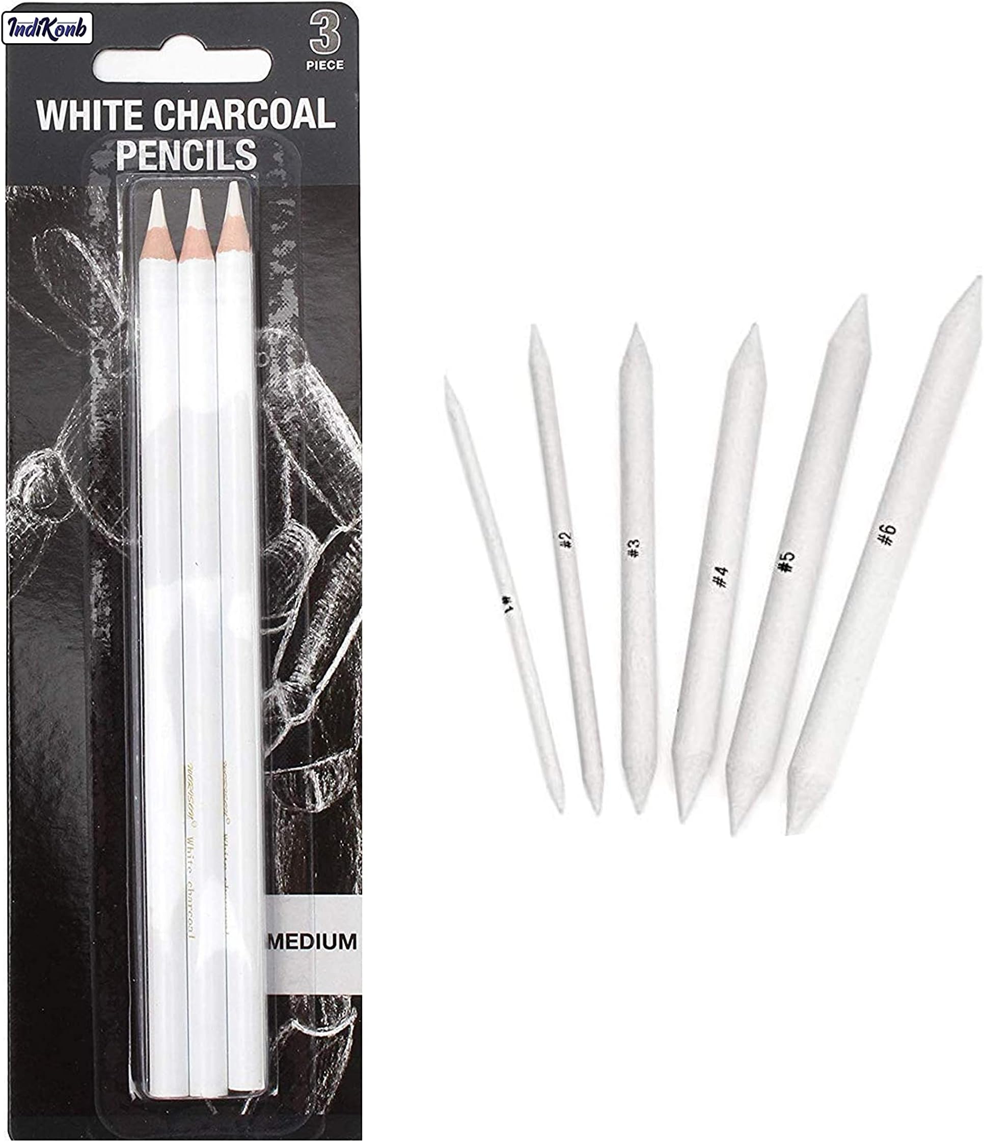 INDIKONB Art Combo of 3 Pcs White Medium Charcoal Pencil + Paper Stumps for Blending Set of 6 (Combo 4) + Free Bookmark